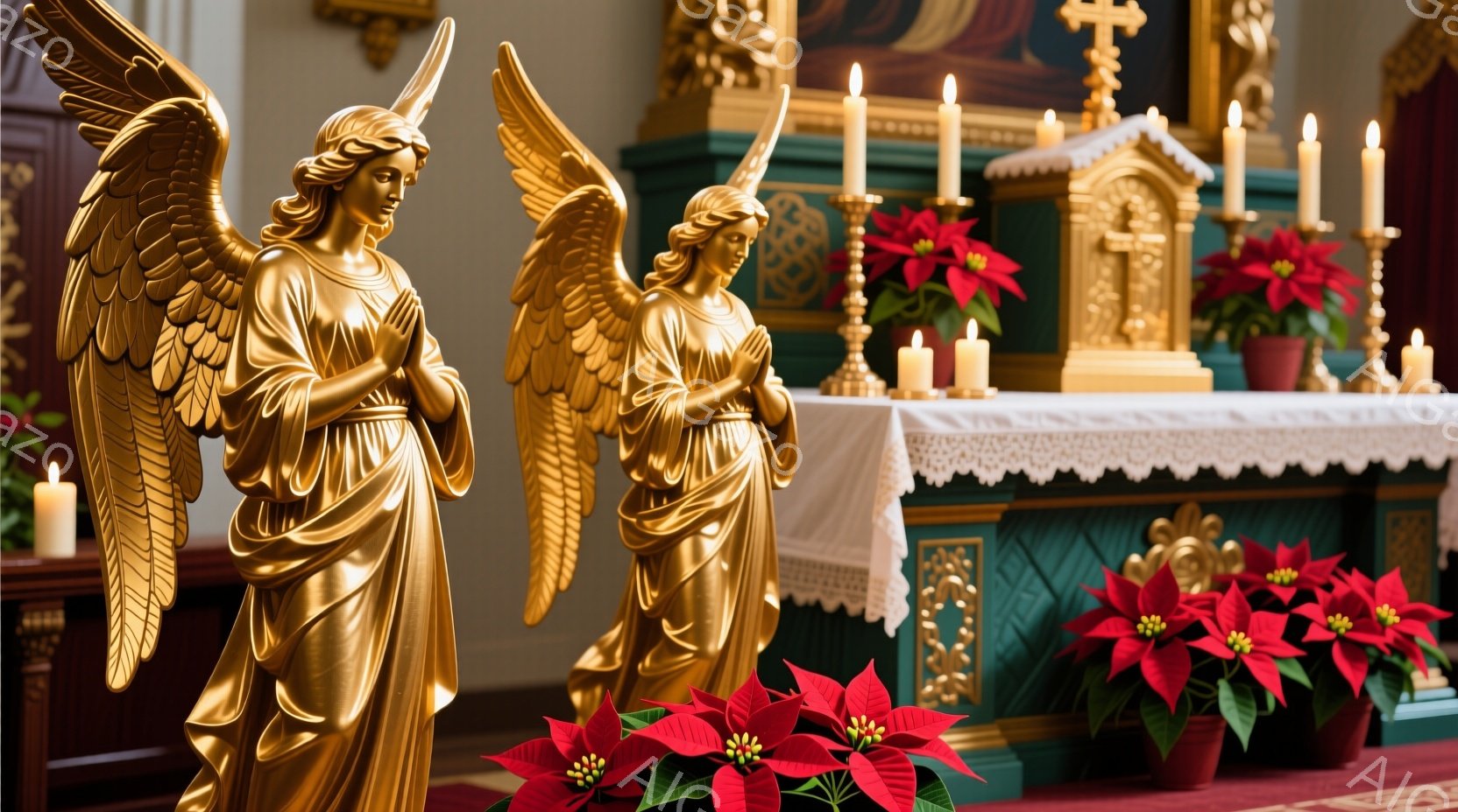 黄金色に輝く天使の彫像が二体、祭壇の前に並んでいる。彫像は、ゆったりとしたガウンをまとい、翼を広げ、祈りのポーズをとっている。祭壇は、赤いポインセチアの花で飾られ、多くのロウソクが灯され、神聖で厳かな雰囲気を醸し出している。