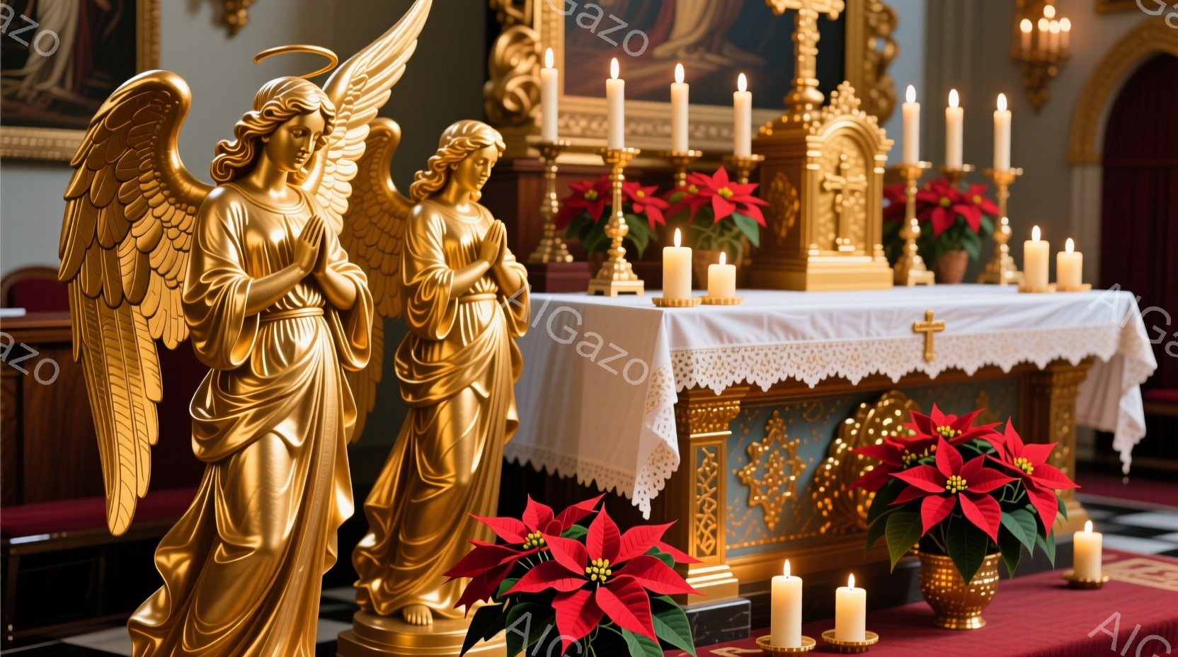 金色の天使の像が2体、祭壇の前で祈るように立っている。祭壇は白いレース編みの布で覆われ、赤いポインセチアの花と点在する蝋燭で飾られている。背景には華やかな装飾が施された祭壇があり、神聖で荘厳な雰囲気が漂っている。