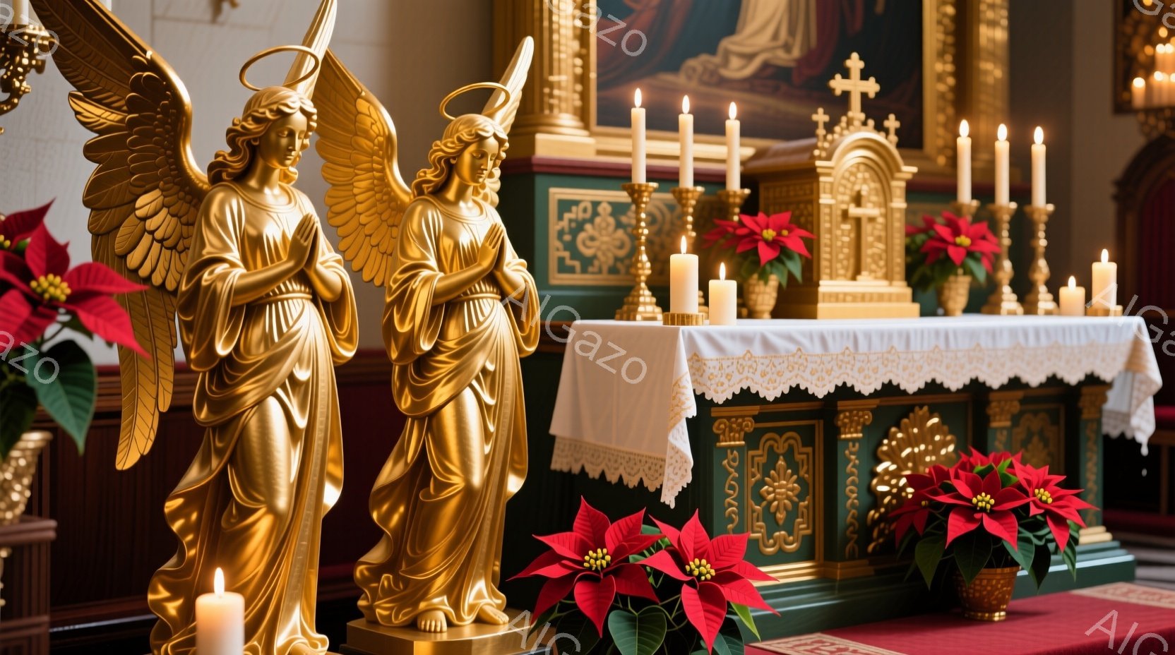 黄金色に輝く天使の彫像が、祭壇の前に静かに佇んでいます。彫像は、長くカールした髪を持ち、白いローブをまとい、腕を組んだ穏やかな表情をしています。背景には、赤いポインセチアの花々が飾られた祭壇と、豪華な装飾が施された壁があり、荘厳で神聖な雰囲気を醸し出しています。