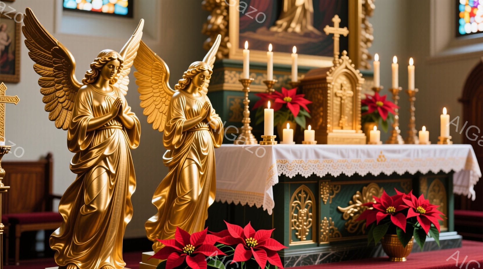 黄金色の天使の像が2体、祭壇の前に静かに佇んでいます。彼らは祈るような姿勢で手を合わせ、優雅なドレスと翼を広げています。背景には、赤いポインセチアの花が飾られた祭壇と、ステンドグラスが覗く神聖な雰囲気の教会内部が広がっています。