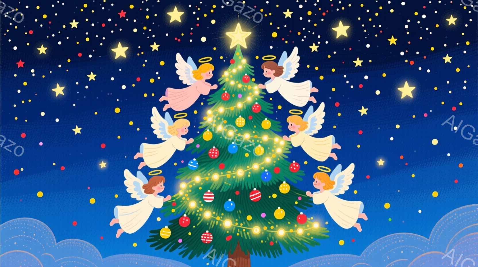 クリスマスツリーの周りを天使たちが舞っているイラストです。天使たちは白いローブと金色の光輪を身につけ、明るい笑顔を浮かべています。背景は濃い青色で、星や雲が散りばめられており、温かく幻想的なクリスマスの雰囲気を醸し出しています。
