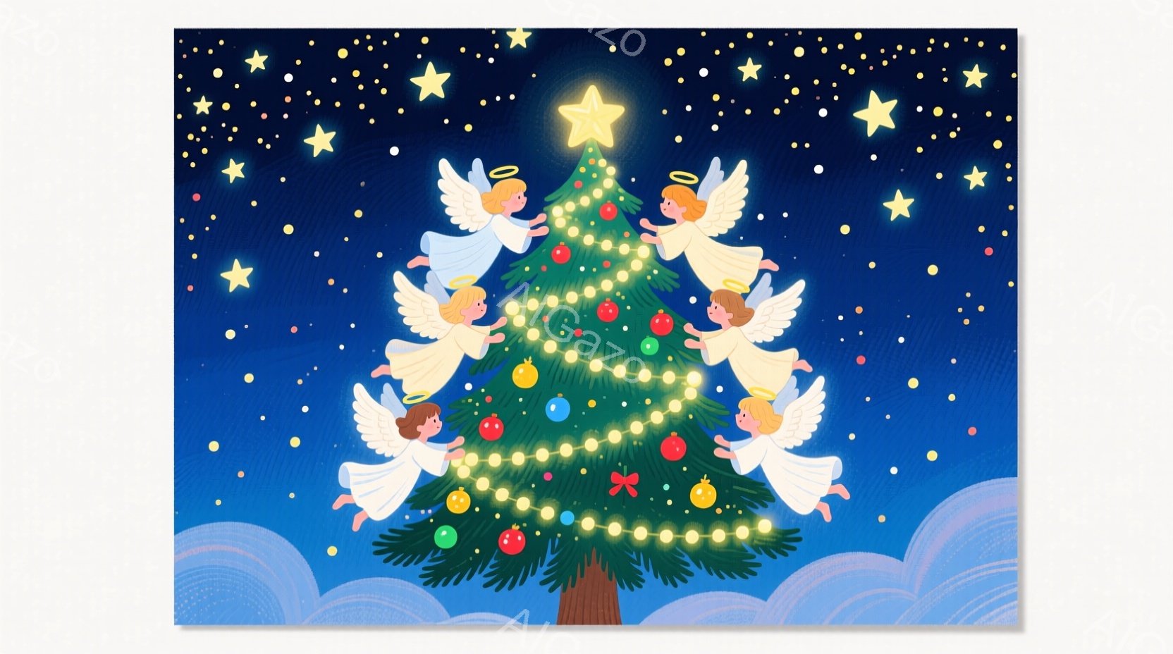 深い青色の背景に、緑のクリスマスツリーが描かれており、カラフルなオーナメントと電飾で飾られています。ツリーの周りには、天使たちが円を描くように配置され、それぞれが異なるポーズで微笑んでいます。天使たち - AI生成フリー素材