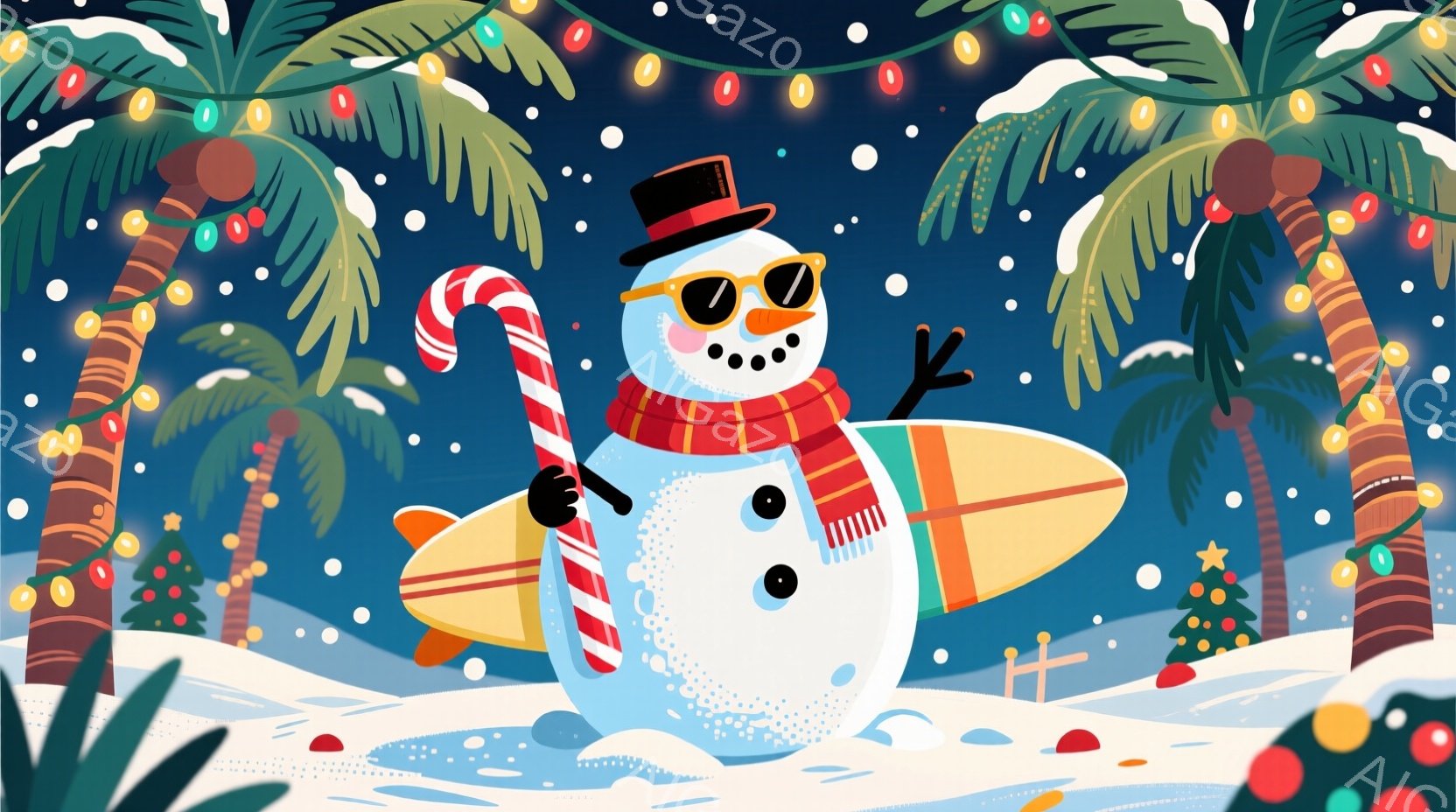 雪だるまが、カンカン帽とサングラスをかけ、赤と白のストライプのネッカチーフを首に巻き、サーフボードを持って立っています。背景にはヤシの木やクリスマスツリーがあり、雪が降っている様子が描かれています。全体的に明るく陽気で、冬でも暖かいビーチリゾートの雰囲気が漂っています。