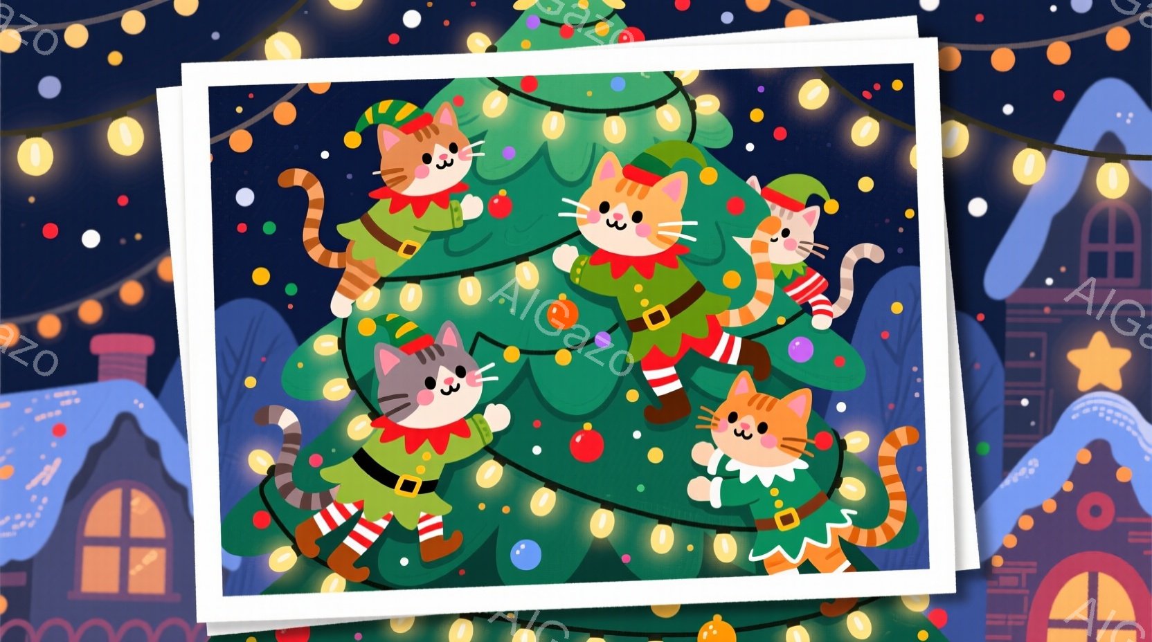 クリスマスツリーに複数の猫たちがエルフの衣装を着て登っています。猫たちは緑色の帽子と赤い衣装を着ており、それぞれ異なるポーズで楽しそうにしています。背景には雪景色と可愛らしい家々が見え、暖かい光が灯り、全体的に祝祭的で楽しい雰囲気が漂っています。