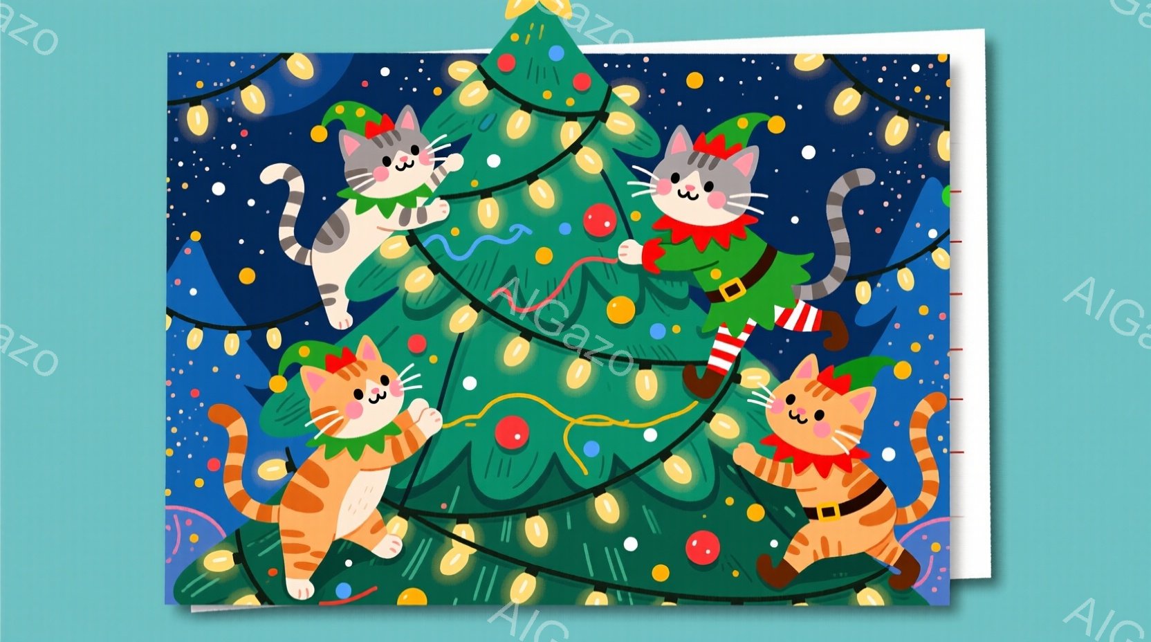 オレンジとグレーの縞模様の猫たちがクリスマスツリーによじ登り、デコレーションを楽しんでいます。猫たちは緑色のエルフの衣装を着ており、それぞれに異なるポーズで活発に動き回っています。背景は暗い青色で、輝く星とカラフルな電飾が散りばめられ、暖かく楽しいクリスマスの雰囲気を醸し出しています。