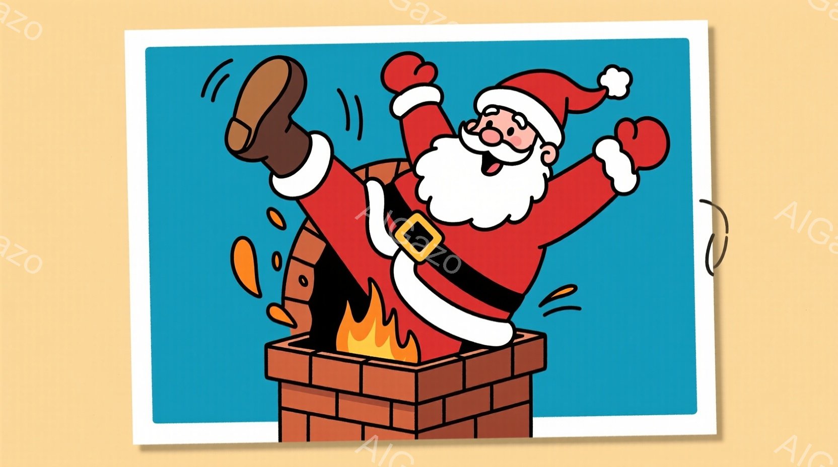 サンタクロースが煙突から逆さまに落ちてくる様子が描かれています。赤いサンタの衣装に白い毛皮の縁取りがあり、足元は黒いブーツを履いています。背景は水色で、レンガ造りの煙突から炎が立ち上っています。