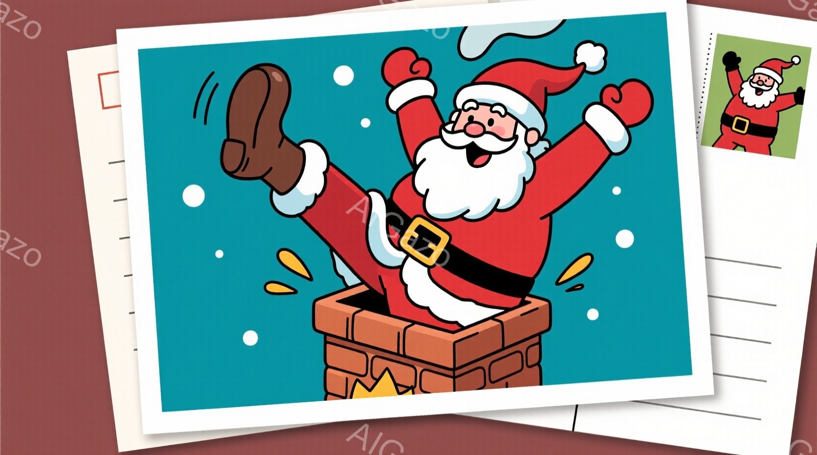 サンタクロースが煙突から体を乗り出し、片足を上げて楽しそうに笑っています。赤いジャケットに白い毛皮の縁取りがあり、黒いベルトで締めています。背景は水色で、白い雪が降っており、暖かくお祝いムードに満ちています。