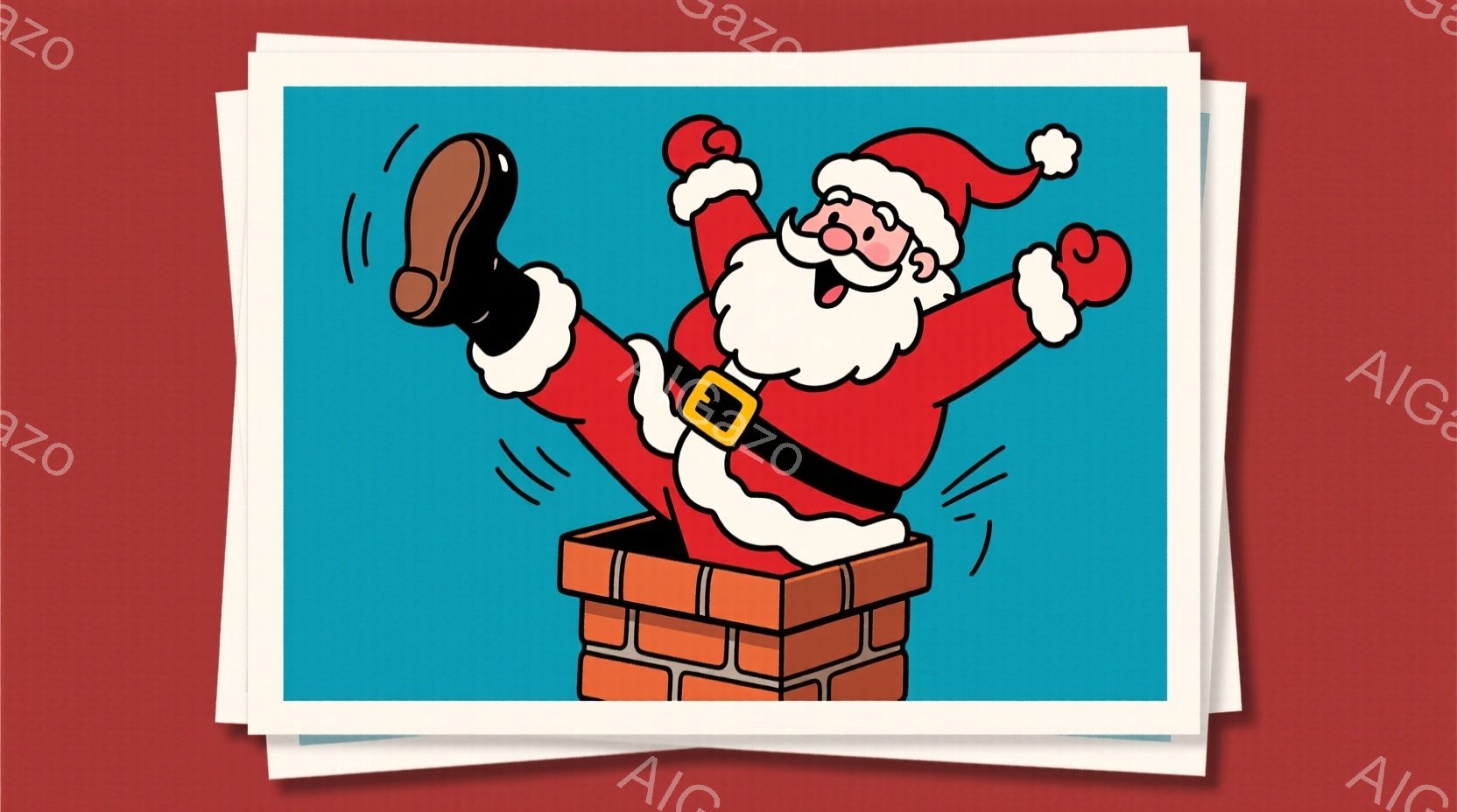 赤い帽子と服を着たサンタクロースが、レンガ造りの煙突から足を出して上に向かって登っている様子が描かれています。顔には長い白い髭があり、口を開けて楽しそうに笑っています。背景は鮮やかな水色で、全体的に陽気で楽しい雰囲気が漂っています。