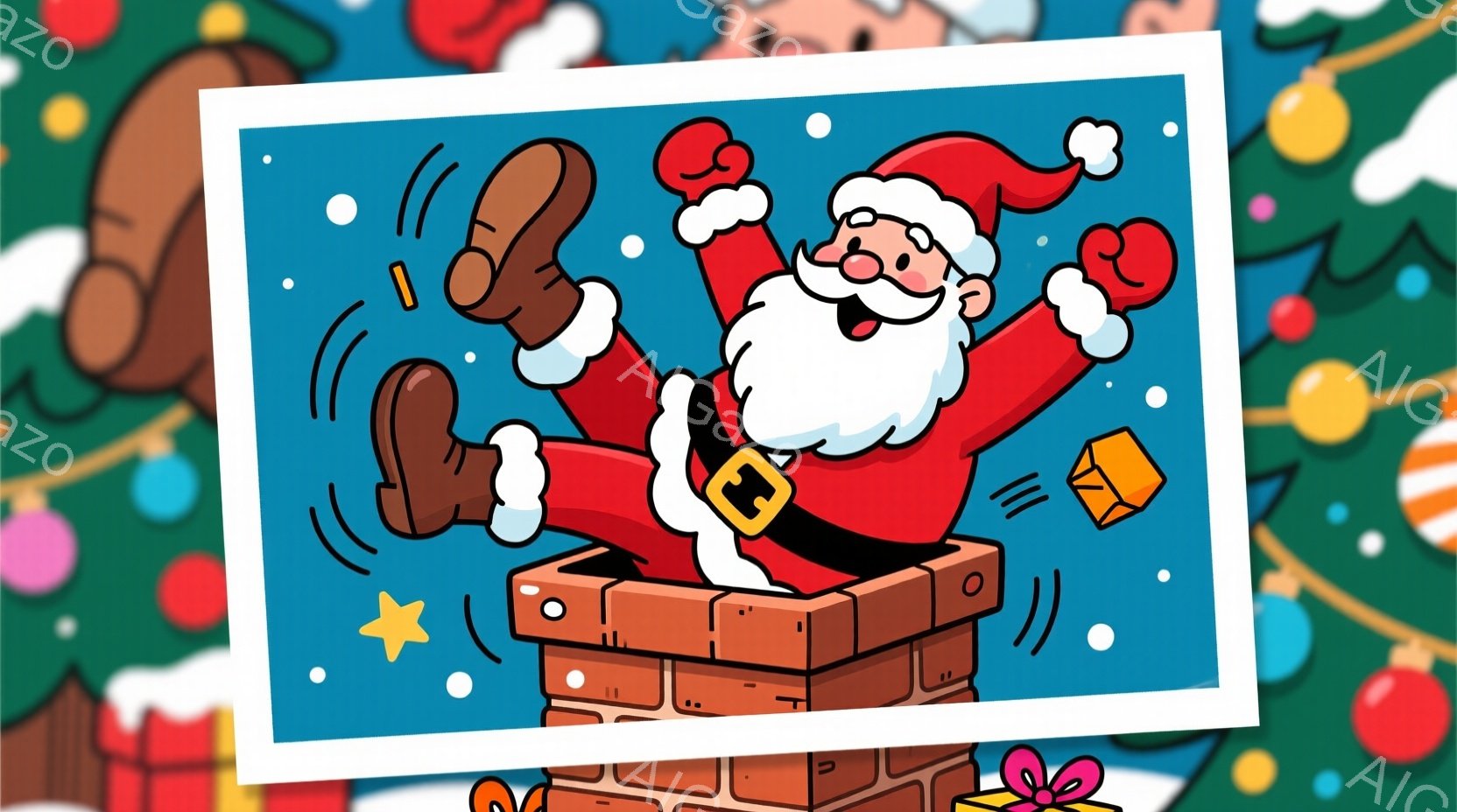 陽気なサンタクロースが、レンガ造りの煙突から逆さまに飛び出しています。赤いスーツに白い毛皮の縁取り、そして大きな黒いベルトが特徴的で、笑顔を浮かべ、両手を上げて喜びを表現しています。背景には、青色の空と輝く星、そしてプレゼントの箱が散りばめられており、クリスマスの祝祭の雰囲気が漂っています。