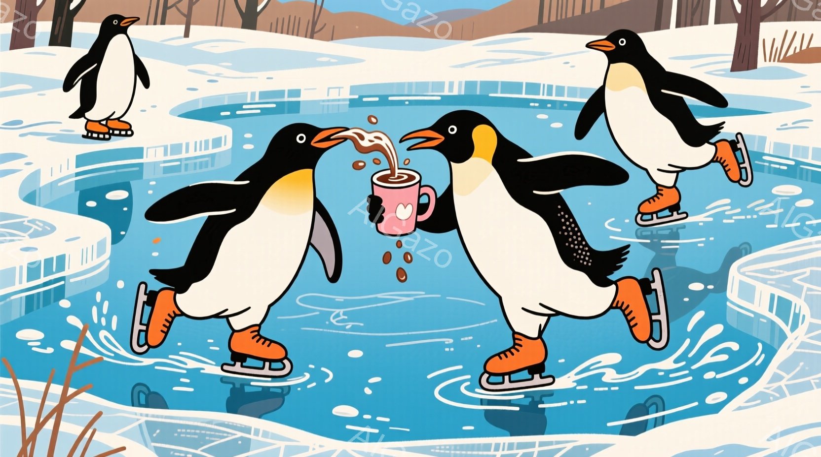 スケート靴を履いた3羽のペンギンが氷上を滑っている様子が描かれています。中央のペンギンはカップから熱い飲み物を口に含んでおり、他の2羽は楽しそうに滑走しています。背景には雪景色が広がり、遠くに建物や木 - AI生成フリー素材