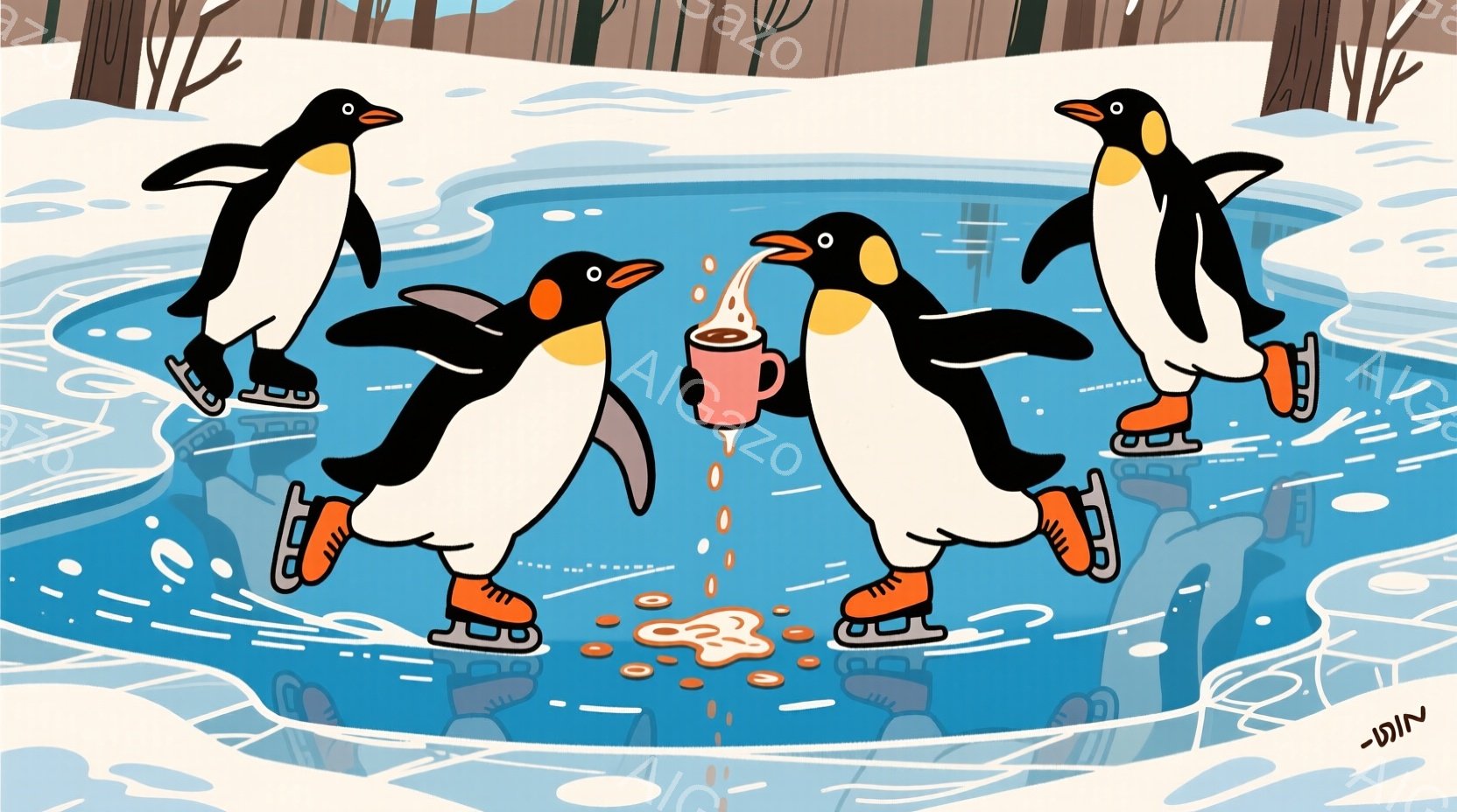 スケート靴を履いたペンギンが4羽描かれています。先頭のペンギンはコーヒーをこぼしながら滑っており、後続のペンギンたちはそれを避けるように滑走しています。背景は雪景色で、遠くには木々が見え、凍った湖または池の上で楽しんでいる様子が表現されています。
