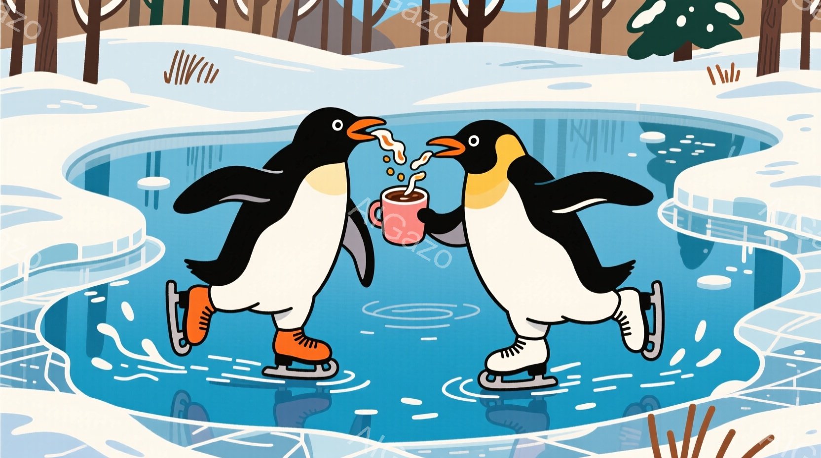2羽のペンギンがスケートリンクでスケートを楽しんでいる様子が描かれています。オレンジ色のスケート靴を履き、片方のペンギンは茶色のマグカップに入った温かい飲み物をもう一方のペンギンに注いでいます。背景には雪景色が広がり、遠くには木々が見え、冬の穏やかな雰囲気が漂っています。