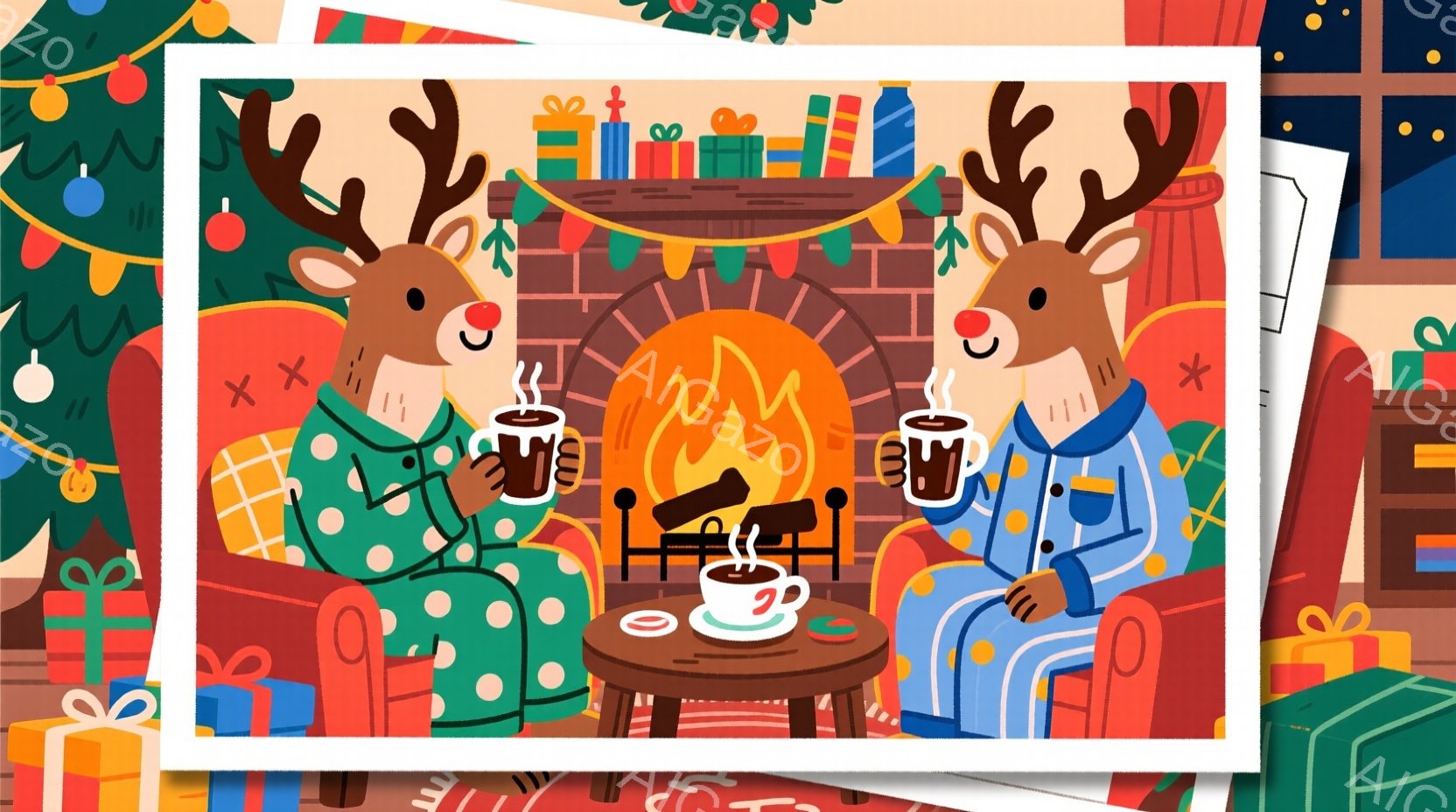 暖炉の前で、緑と青のセーターを着た2匹のトナカイがコーヒーを楽しんでいます。彼らは赤いソファに座り、リラックスした表情を浮かべています。背景には、クリスマスツリーやプレゼント、暖炉のレンガが暖かく、穏 - AI生成フリー素材