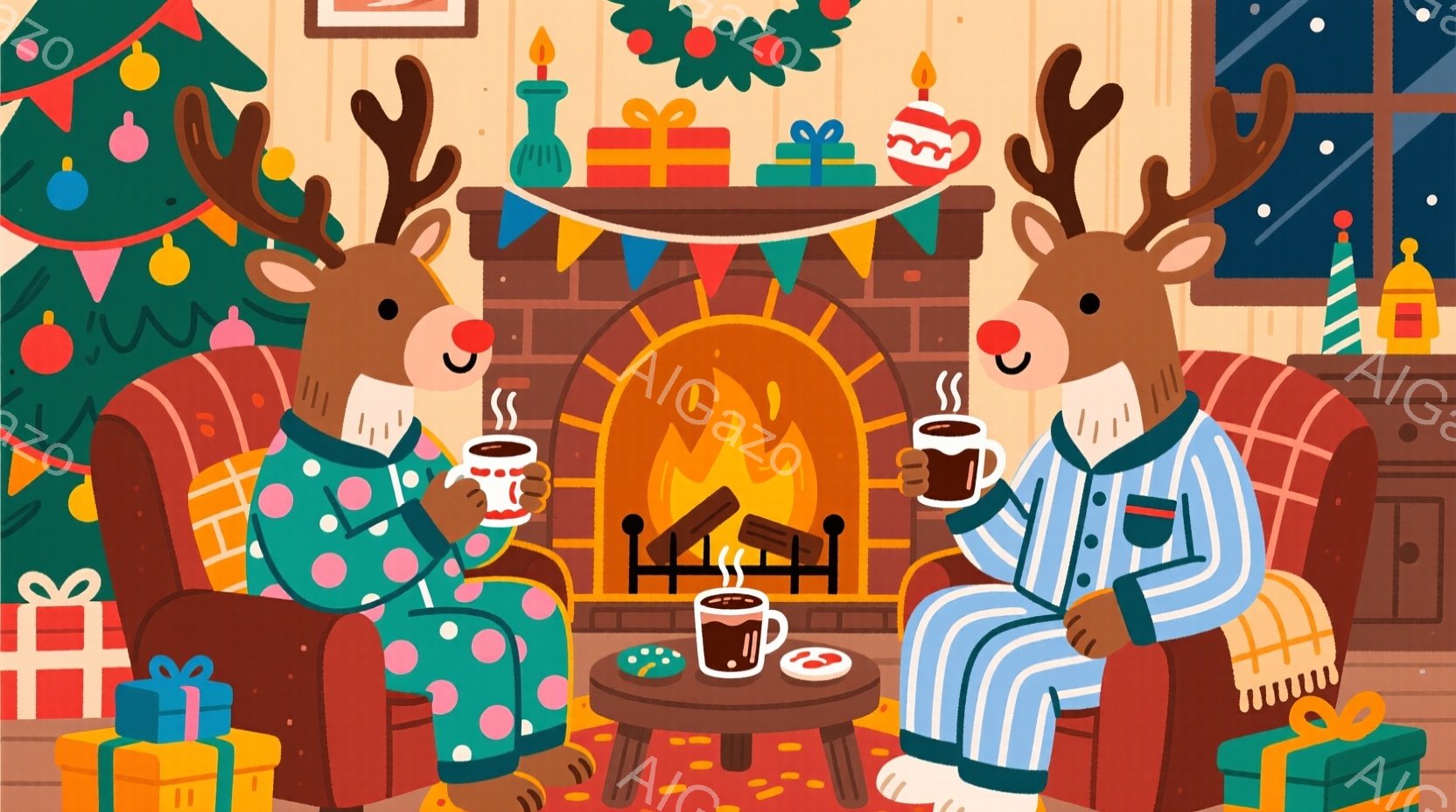 暖炉の前で、トナカイの男性たちがパジャマを着てコーヒーを飲んでいます。片方のトナカイは緑色のパジャマで、もう片方は青色のパジャマを着ていて、どちらも笑顔でリラックスした表情をしています。背景にはクリス - AI生成フリー素材