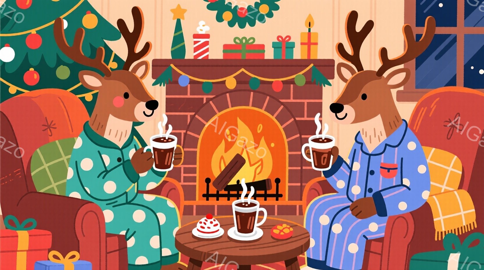 雪だるまが暖炉の前で温かい飲み物を楽しんでいます。緑色のマフラーと黒い帽子をかぶり、ほほえましい表情をしています。背景には赤い椅子、本棚のある暖炉、そして雪が舞う窓があり、温かく居心地の良い冬の雰囲気 - AI生成フリー素材