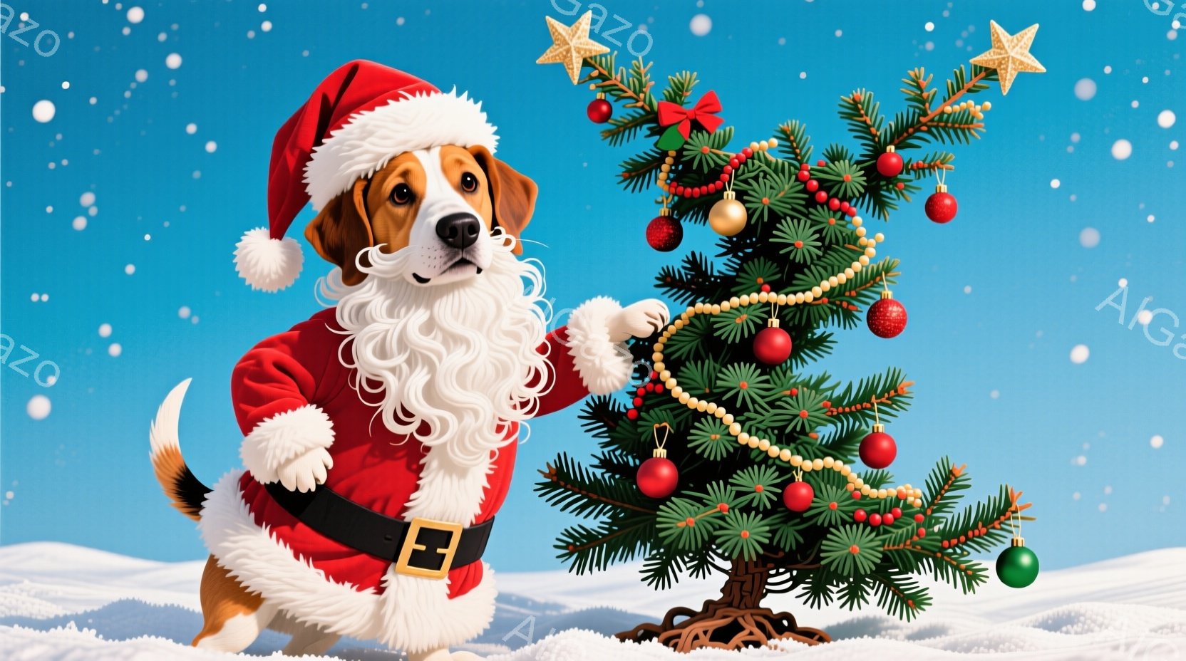 茶色の犬がサンタクロースの衣装を着て雪の中に立っています。赤いジャケットと白いひげ、そしてサンタ帽が特徴的で、片方の手でクリスマスツリーを支えています。背景は青空と雪景色で、全体的に温かく、お祝いムー - AI生成フリー素材