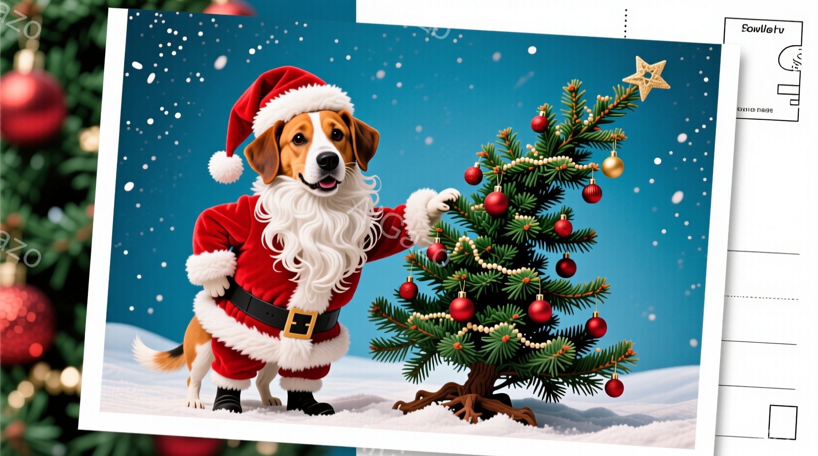 サンタクロースの衣装を着た犬が、クリスマスツリーの前に立っている。白いヒゲと帽子が特徴的で、赤いスーツと黒いブーツを履いている。背景は青空で、全体的に暖かく、お祝いムードに満ちた雰囲気である。 - AI生成フリー素材