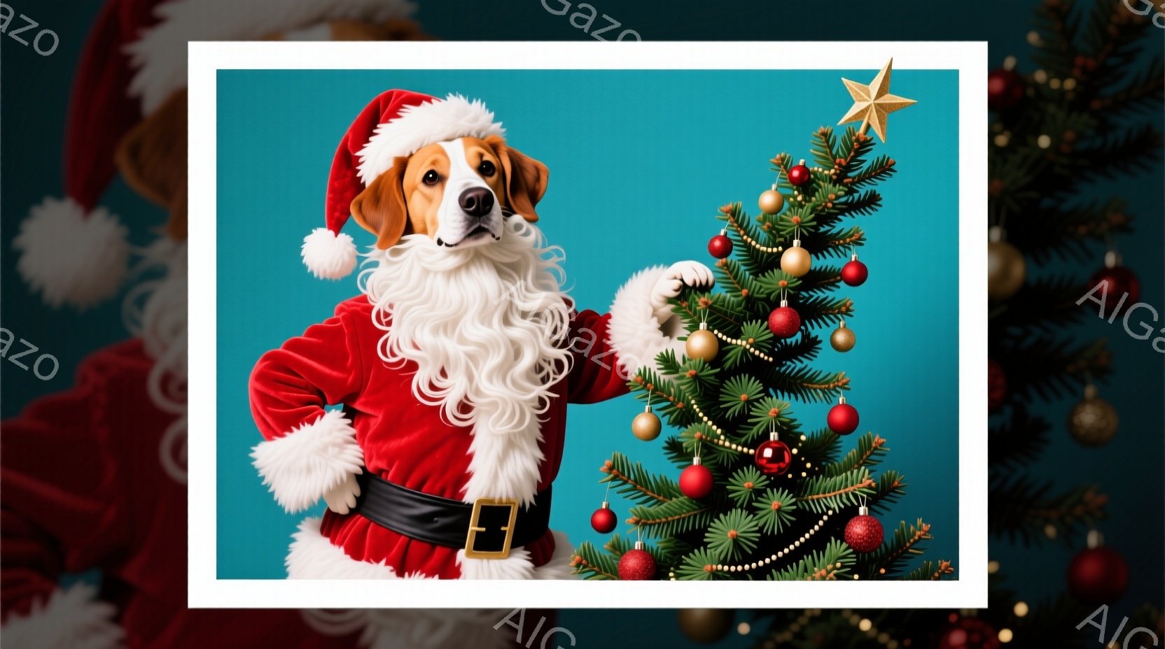 サンタクロースの衣装を着た犬が、背景のクリスマスツリーのそばに立っています。犬は赤いサンタの服、白いひげと帽子を身に着けており、少し誇らしげな表情で、片手を腰に当てています。背景は鮮やかな青色で、キラ - AI生成フリー素材