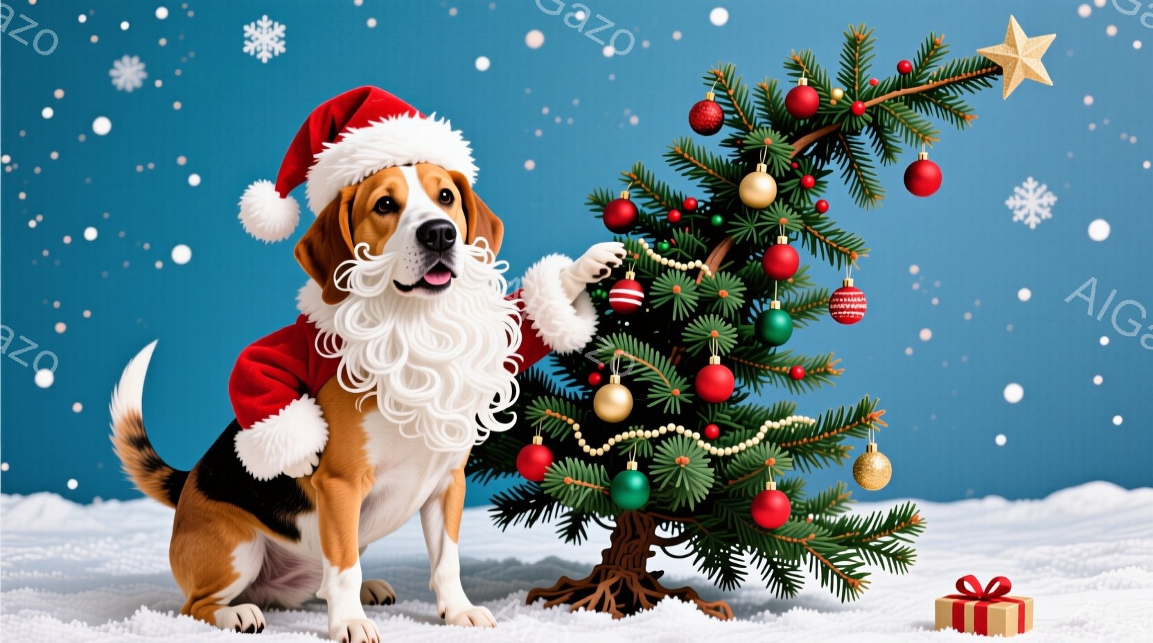 茶色と白のビーグル犬がサンタクロースの帽子と白いひげを身につけて、クリスマスツリーのそばに座っています。犬は少し微笑んでいて、リラックスした様子で、雪の上に置かれたプレゼントの箱がいくつかあります。背景は青く、雪片が舞い散り、全体的に暖かく、お祝いの雰囲気が漂っています。