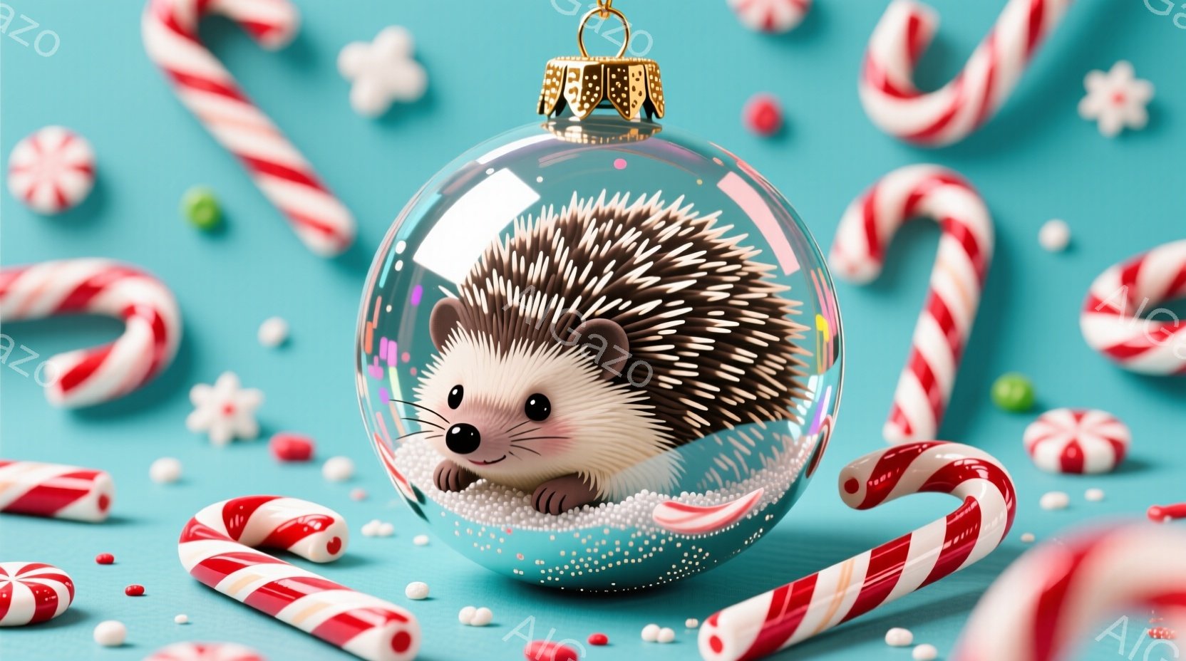 ガラス製のオーナメントの中に、可愛らしいハリネズミが白い粒の中に丸まって入っています。ハリネズミは茶色と白の毛並みで、つぶらな瞳でこちらを見ており、穏やかな表情をしています。背景は水色のキャンディケーンや小さな赤い粒で飾られており、全体的に可愛らしく、温かいクリスマスの雰囲気を醸し出しています。
