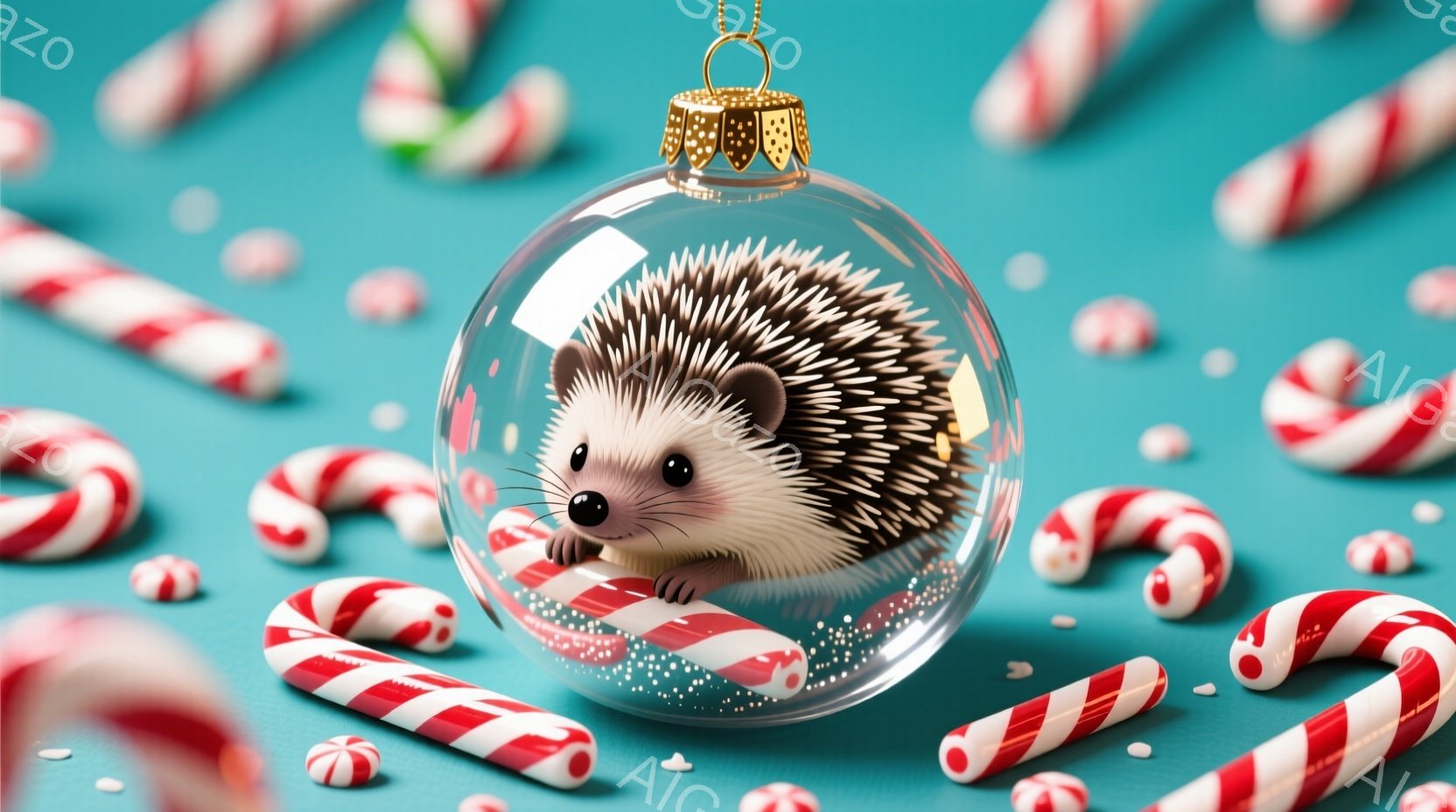 可愛らしいハリネズミが、透明なクリスマスオーナメントの中に丸まって入っています。背景には赤と白のキャンディケーンが散りばめられ、明るい水色の背景が、冬のホリデーシーズンらしい、暖かく楽しい雰囲気を醸し出しています。ハリネズミは丸まって眠っているようで、とても愛らしい姿をしています。