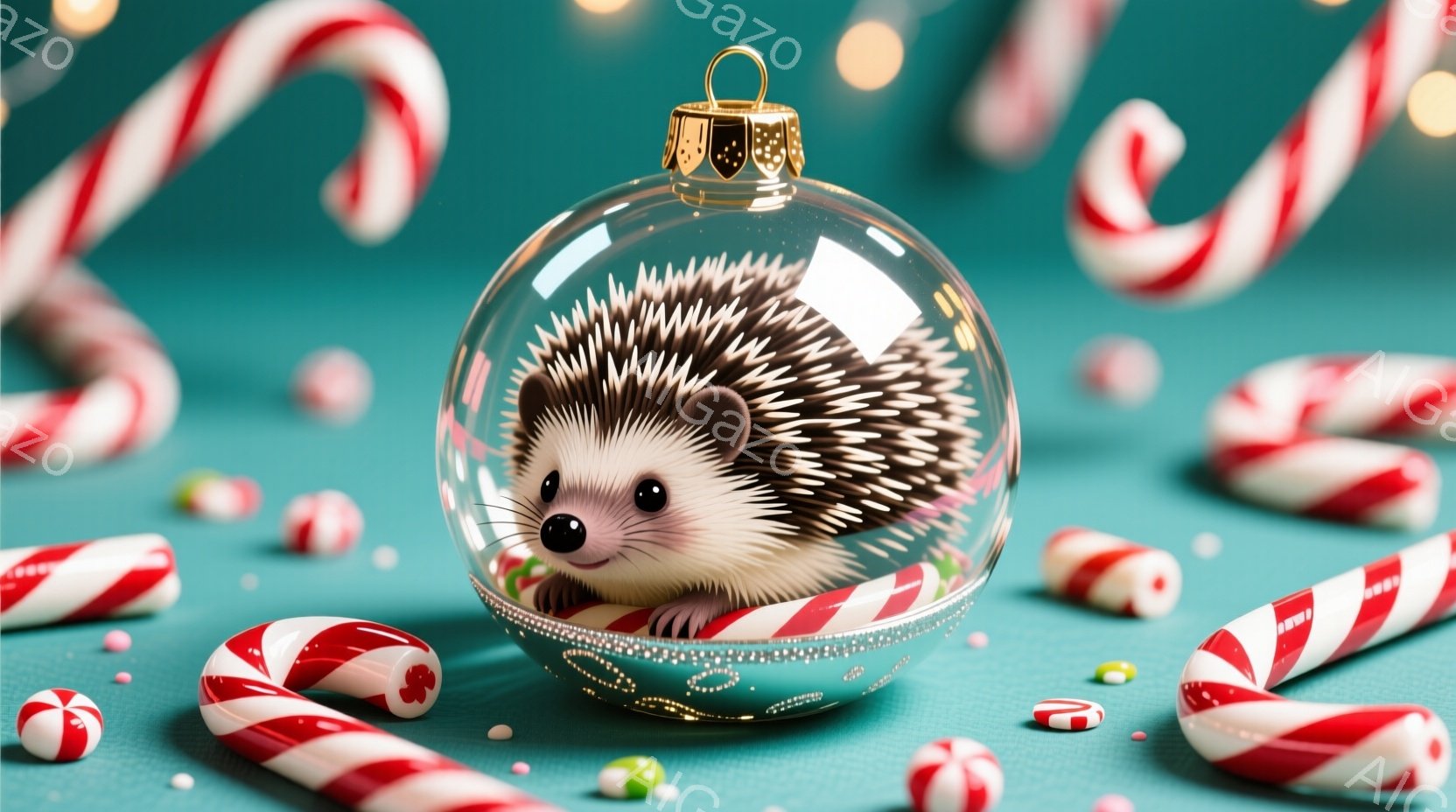 小さなハリネズミが透明なクリスマスオーナメントの中に丸まって入っており、可愛らしい表情をしています。背景には赤と白のキャンディケーンやカラフルなキャンディーが散らばり、鮮やかな緑色の背景がそれらを際立たせています。全体的に、暖かく、お祝いの雰囲気を醸し出す、可愛らしい冬のシーンです。