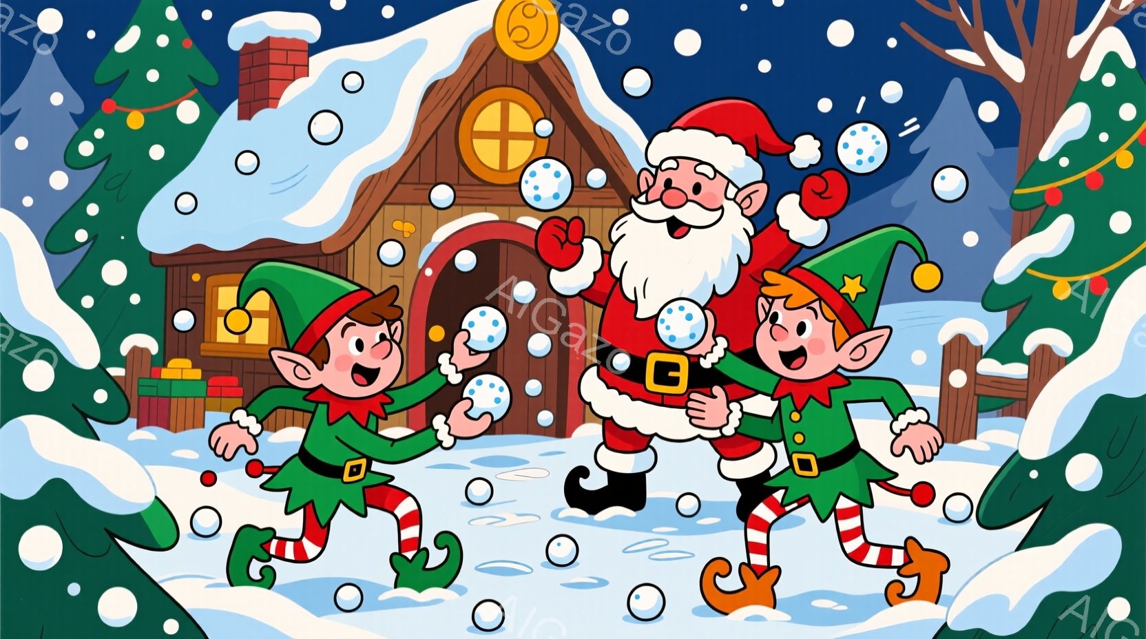 雪が降る中で、サンタクロースと2人のエルフが楽しそうに遊んでいます。サンタは赤い衣装に白いひげで、エルフたちは緑色の服と尖った帽子をかぶっており、皆笑顔で雪玉を投げ合っています。背景には、雪で覆われた - AI生成フリー素材