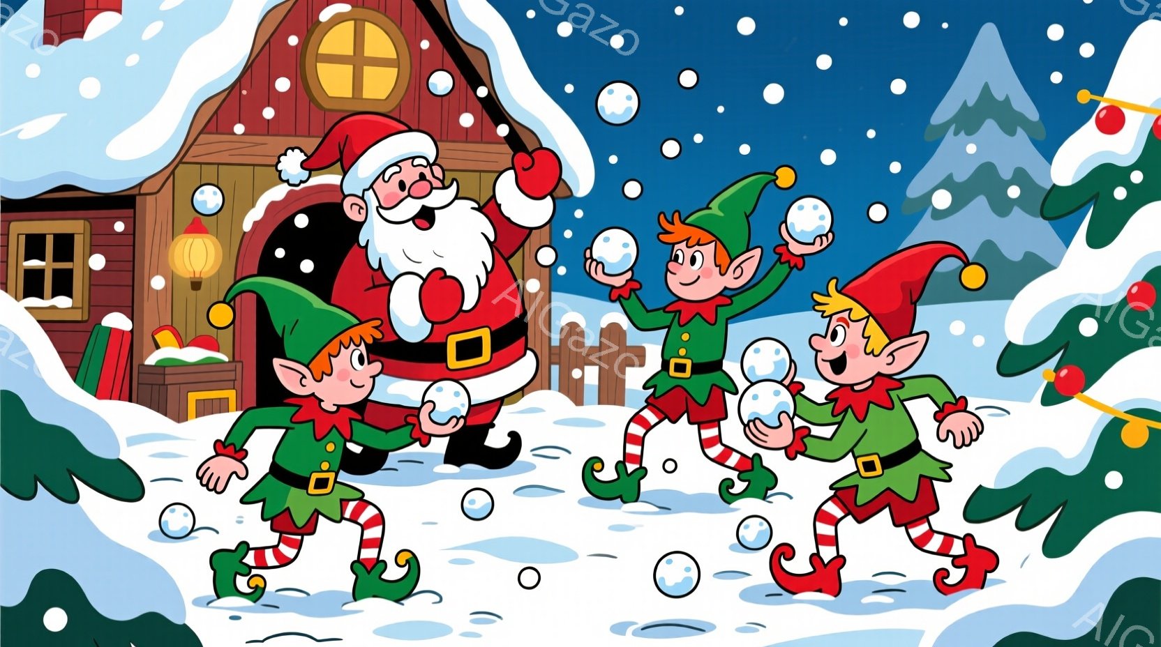 画面には、雪景色の中で楽しそうに雪合戦をしているサンタクロースとエルフたちが描かれています。サンタクロースは赤い衣装と白いひげ、笑顔が印象的で、エルフたちは緑色の衣装に尖った帽子をかぶり、活発に雪玉を - AI生成フリー素材