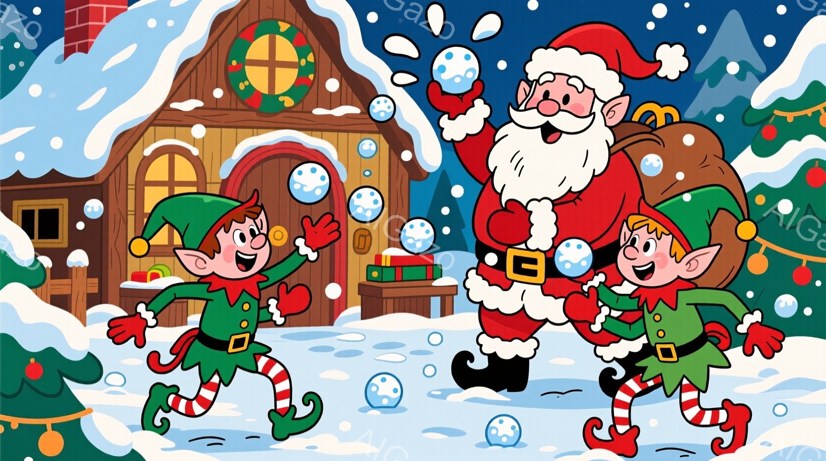 サンタクロースは赤い衣装と白いひげを蓄え、緑色のベルトを締め、大きな袋を肩に担いでいます。二人のエルフは緑色の服と赤い縞模様の靴を履き、雪の中で活発に走り回っています。背景には、雪で覆われた屋根の家、クリスマスリース、雪の降る冬の風景が広がっており、全体的に陽気で暖かいクリスマスの雰囲気が漂っています。