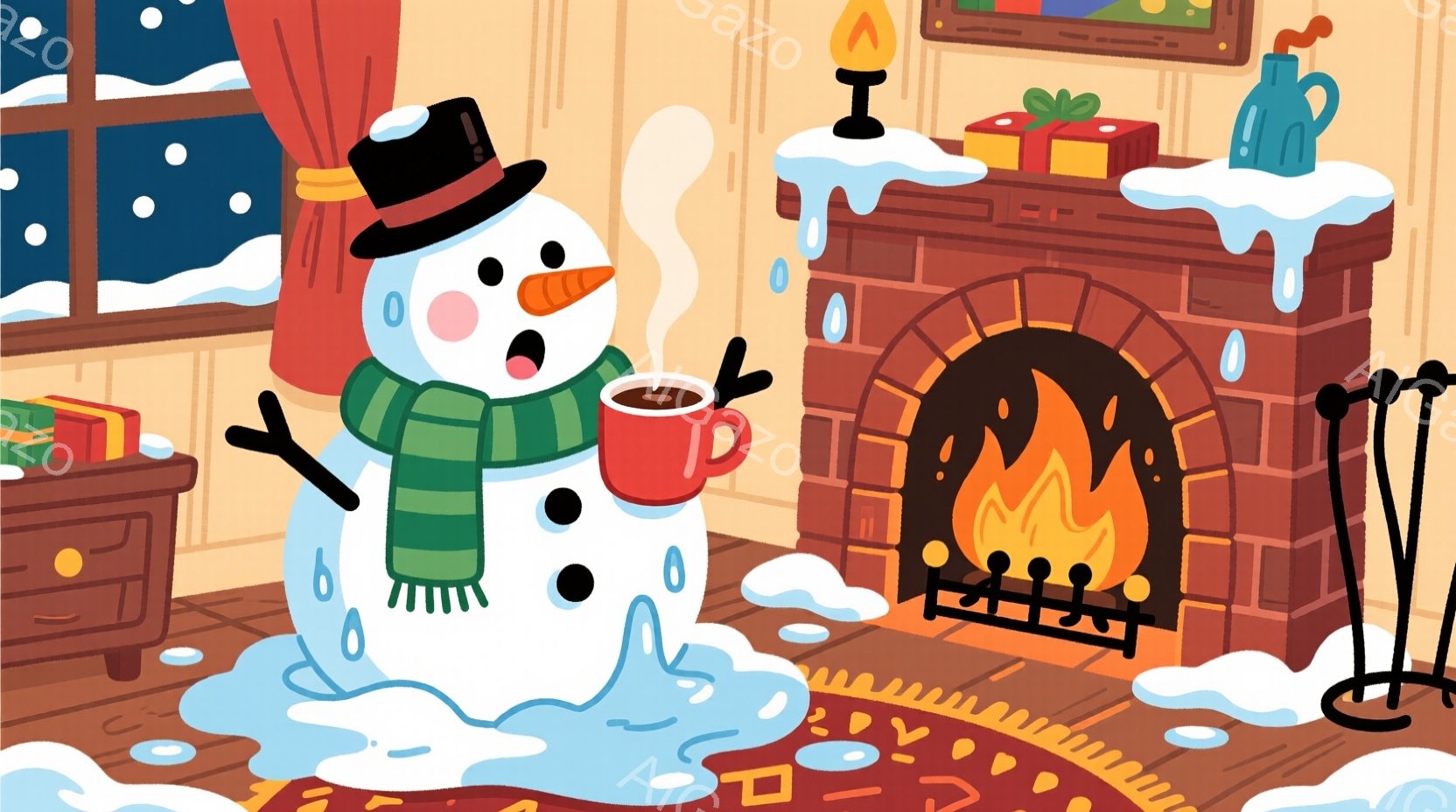 雪だるまが暖炉の前に立っており、緑色のマフラーを巻いて、頭にはシルクハットをかぶっています。雪だるまは湯気を上げるカップを持っており、溶け出した水が足元に広がっています。背景にはレンガ造りの暖炉と、プレゼントが置かれた家具、そして雪が降る窓が見え、暖かく、お祝いムードに満ちた雰囲気です。