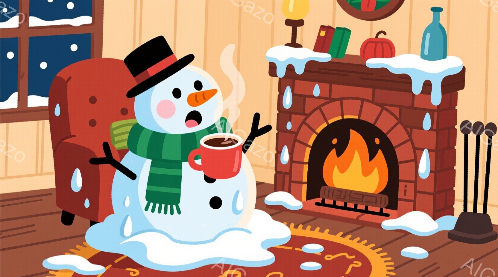 雪だるまが暖炉の前で椅子に座り、温かい飲み物を楽しんでいます。緑色のマフラーと黒い帽子をかぶり、赤い頬と笑顔で、リラックスした様子が伺えます。背景には、燃え盛る暖炉、カーペット、そして雪が舞う窓があり、暖かく穏やかな冬の雰囲気を醸し出しています。