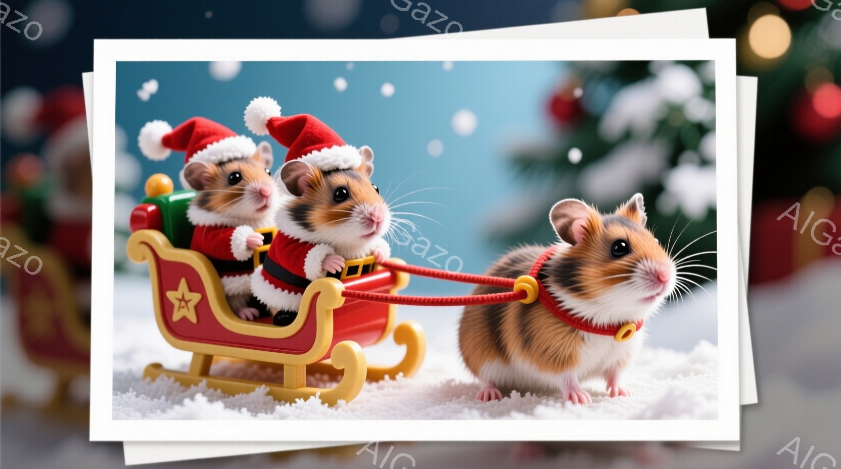 2匹のハムスターが雪景色の中でサンタのソリを引いています。1匹は赤いサンタの帽子とコートを着てソリに乗り、もう1匹は雪の上でソリを引っ張る役割を担っています。背景にはぼやけたクリスマスツリーが見え、全 - AI生成フリー素材