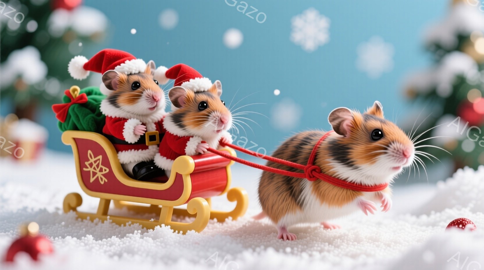 2匹の茶色のトナカイが鼻を合わせて寄り添っています。それぞれ首に緑と赤のリボンが付いた装飾が施され、幸せそうな表情をしています。背景は暗い青色で、カラフルなクリスマスオーナメントと雪のフレークが散りば - AI生成フリー素材