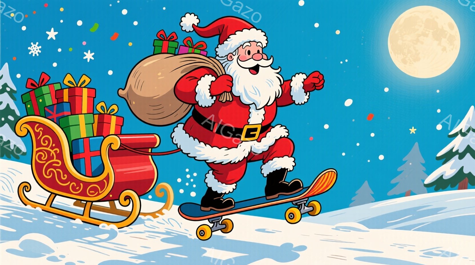 サンタクロースは、スケートボードに乗って雪の上を走っています。彼は赤いスーツと帽子を身に着け、顎ひげを生やし、笑顔で片手を上げています。背景には雪景色が広がり、遠くには雪に覆われた木々と満月が見え、全体的に陽気で楽しい雰囲気が漂っています。