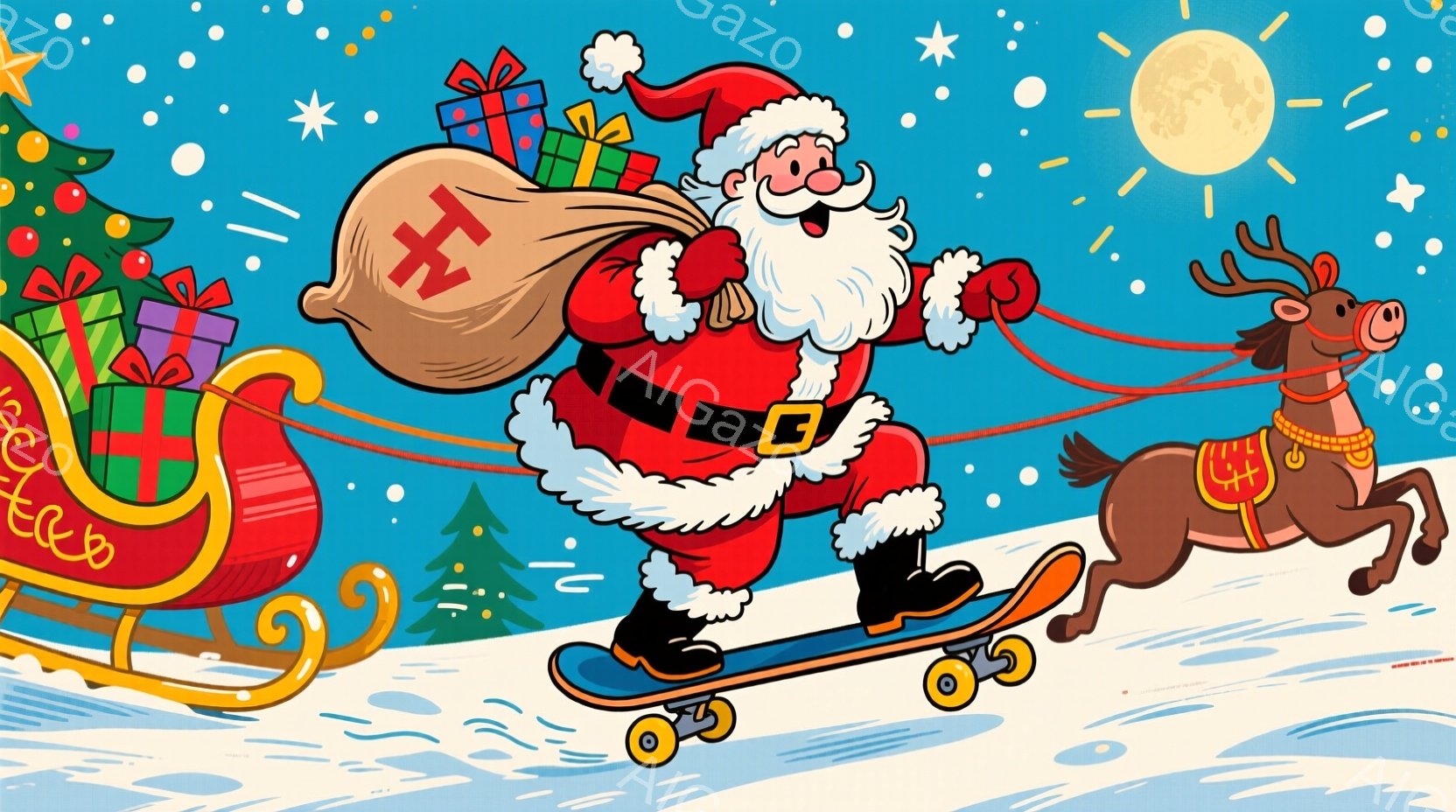 明るい背景に、プレゼントに囲まれたリスが描かれています。リスは大きなドングリを抱え、嬉しそうな表情でプレゼントを開けようとしています。背景には、カラフルな旗や花が描かれ、お祝いの雰囲気が漂っています。 - AI生成フリー素材