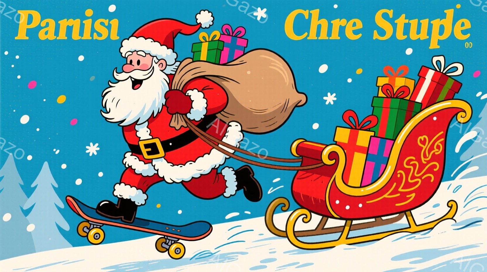サンタクロースがスケートボードに乗ってプレゼントを積んだソリを引いています。彼は赤いスーツに白い毛皮の縁取りがあり、白いひげと笑顔で、非常に陽気な表情をしています。背景には雪と針葉樹が見え、全体的に賑やかで楽しい雰囲気が漂っています。