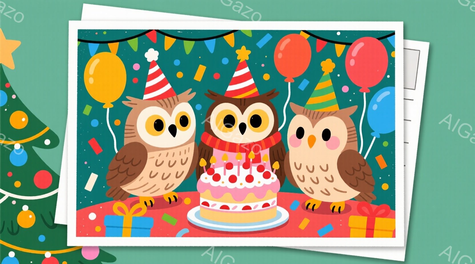 三羽のフクロウが誕生日ケーキを囲んで立っています。中央のフクロウは赤いストライプのバースデーハットをかぶり、他の二羽も同様の帽子を被っています。背景にはカラフルな風船やプレゼント、紙吹雪が散りばめられており、お祝いの雰囲気が漂っています。