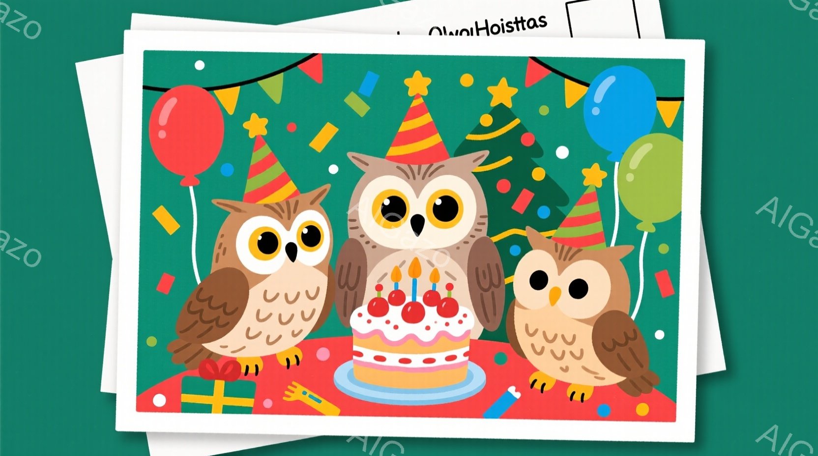 三羽のフクロウが誕生日ケーキを囲んで立っています。中央のフクロウは赤い蝶ネクタイをつけ、ケーキのろうそくを見つめています。背景にはカラフルな風船やプレゼントが散りばめられ、お祝いの雰囲気で満たされています。