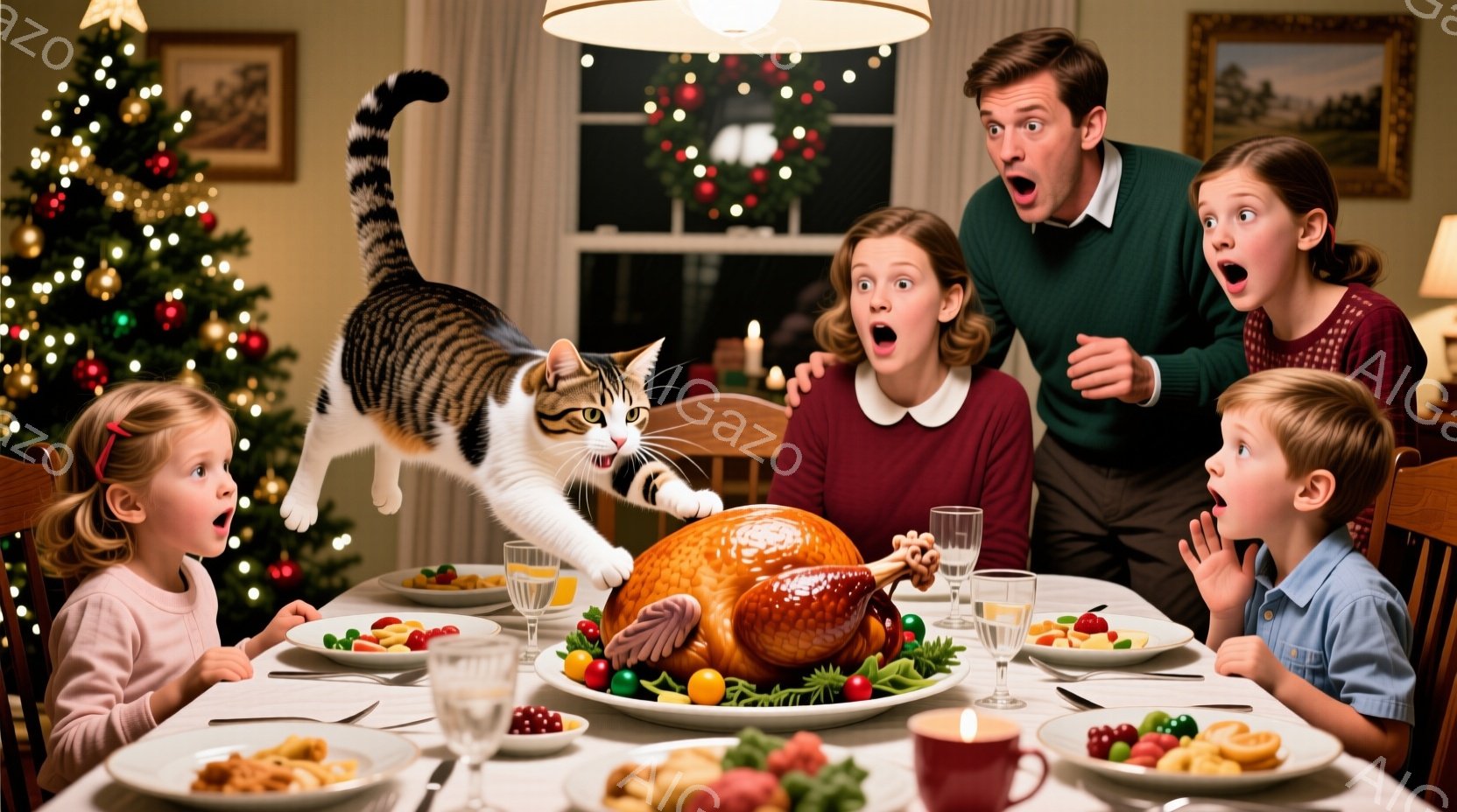 家族全員が驚いた表情でテーブルを囲んでおり、テーブルの中央には大きな七面鳥が置かれています。母親は赤いセーターを着ており、父親と子供たちはそれぞれ異なる色のセーターやシャツを着ています。背景にはクリス - AI生成フリー素材