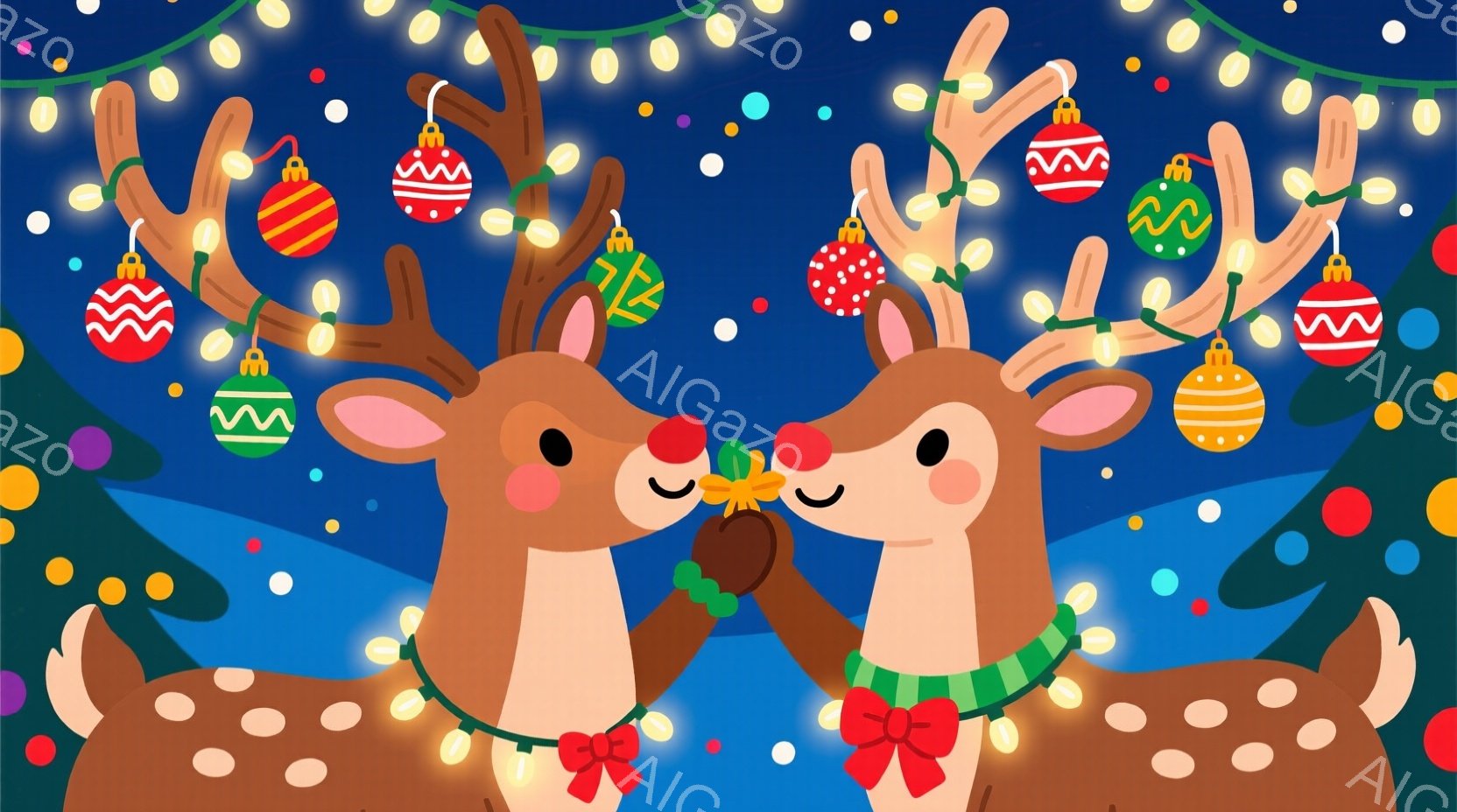 鼻を合わせる2匹の茶色のトナカイが描かれています。トナカイたちは赤いリボンと緑の飾り首輪を身につけており、優しい表情をしています。背景は暗い青色で、クリスマスの電飾と雪が舞っており、温かくお祝いの雰囲 - AI生成フリー素材