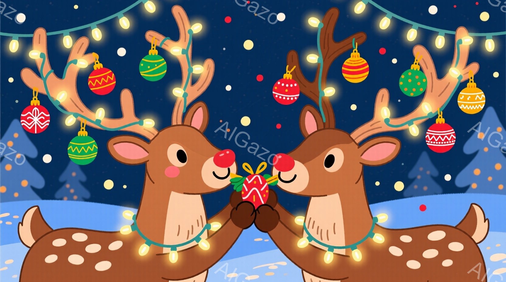 2頭の可愛らしいトナカイが、赤い鼻を少し触れ合うように寄り添っています。トナカイの頭上には、様々な色のクリスマスオーナメントと電飾が飾られており、背景には雪景色とシルエットの木々が見えます。全体的に暖かく、お祝いムードに満ちたクリスマスの雰囲気です。