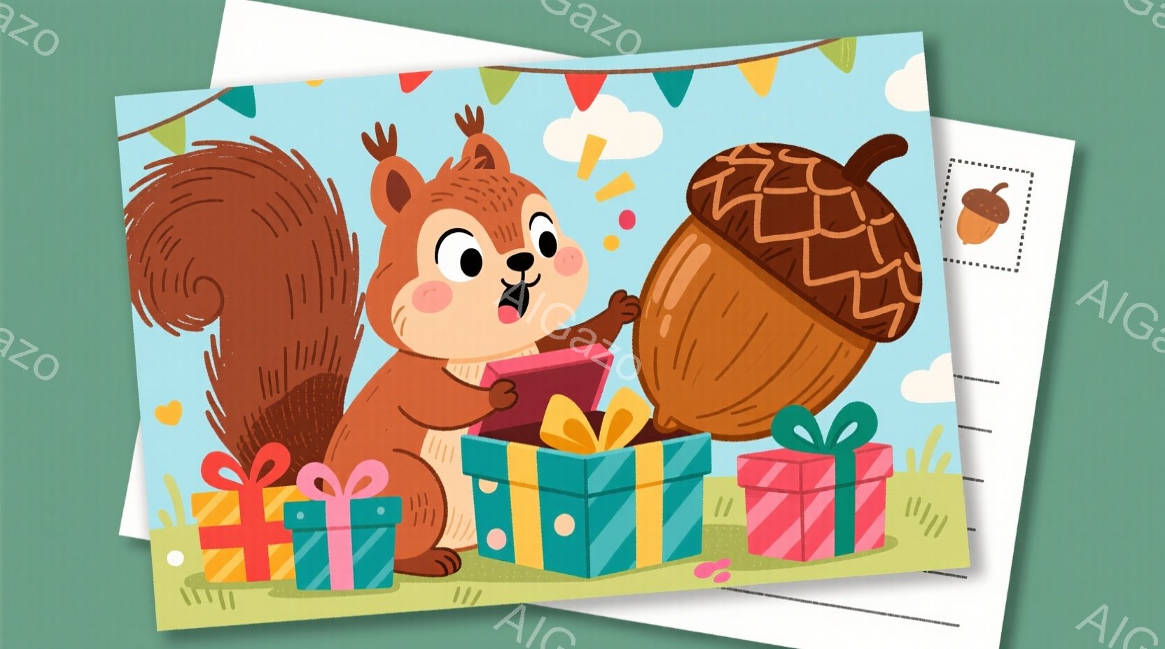 赤褐色のリスがプレゼントの山から大きなドングリを取り出し、驚いた表情でそれを見つめています。背景には緑の草地が広がり、カラフルなプレゼントボックスが並び、上にはカラフルな旗が飾られています。全体的に明 - AI生成フリー素材