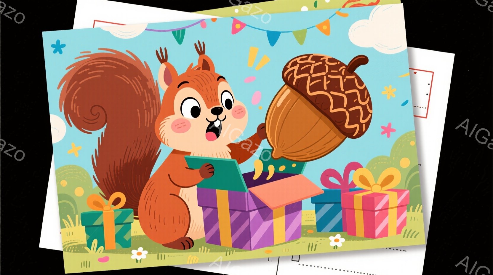 赤褐色のリスがプレゼントの山の上に立って、大きなドングリを抱えています。 喜びを表現した表情で、口を開けて少し驚いた様子です。 背景には、カラフルなプレゼントボックスや花が散りばめられ、お祝いの雰囲気を醸し出しています。