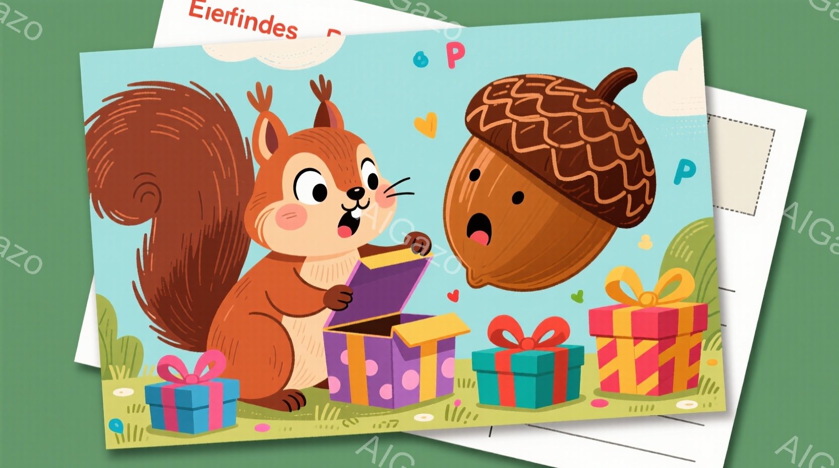 鮮やかなイラストで、リスがプレゼントの箱を開けようとしています。驚いた表情で、プレゼントの中身を覗き込むドングリが描かれています。背景には、カラフルなプレゼントの山と緑の草が生い茂る様子が見られ、全体 - AI生成フリー素材