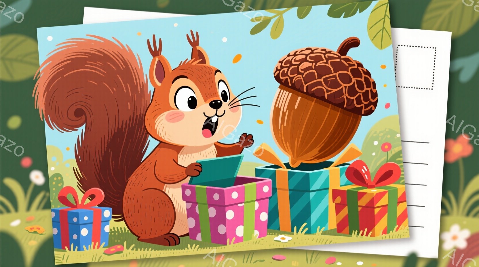 リスがプレゼントの山から顔を出し、大きなドングリを見上げています。リスは明るい表情で、贈り物に囲まれた可愛らしい姿をしています。背景には緑豊かな草地と花が咲き乱れ、お祝いムードを盛り立てています。 - AI生成フリー素材