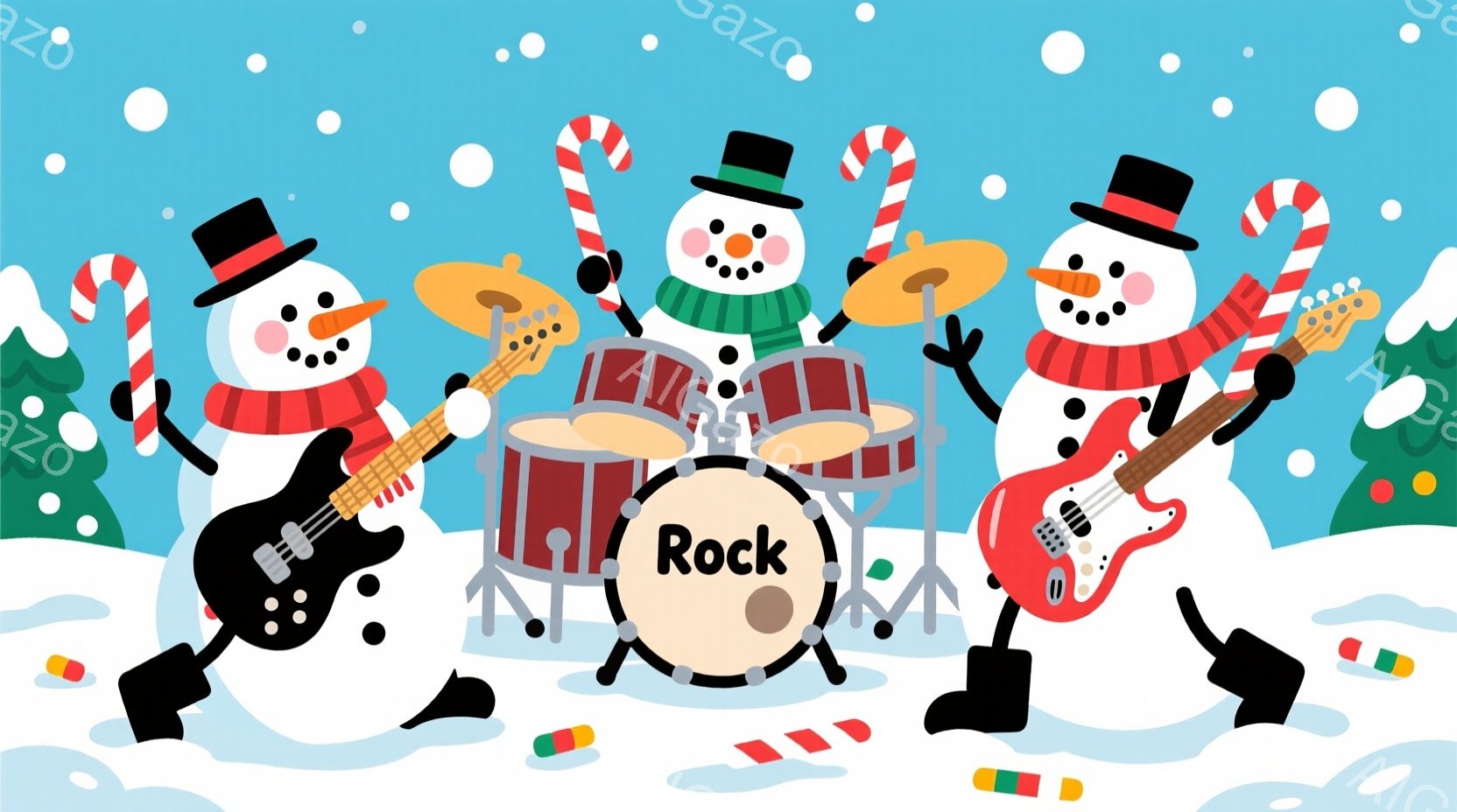 雪だるまのバンドが描かれており、それぞれギター、ドラム、ベースを演奏しています。雪だるまは皆、黒い帽子をかぶり、赤い縞模様のマフラーを巻いており、顔には笑顔が描かれています。背景は雪景色で、遠くには緑色の木々が見え、全体的に明るく楽しい雰囲気です。