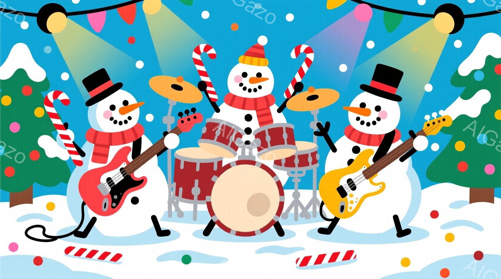 雪だるま３体が楽器を演奏しているイラストです。それぞれギターを２体、ドラムを１体が演奏しており、赤いマフラーと黒い帽子をかぶっています。背景にはクリスマスツリーや雪が舞っており、お祝いの雰囲気が漂って - AI生成フリー素材