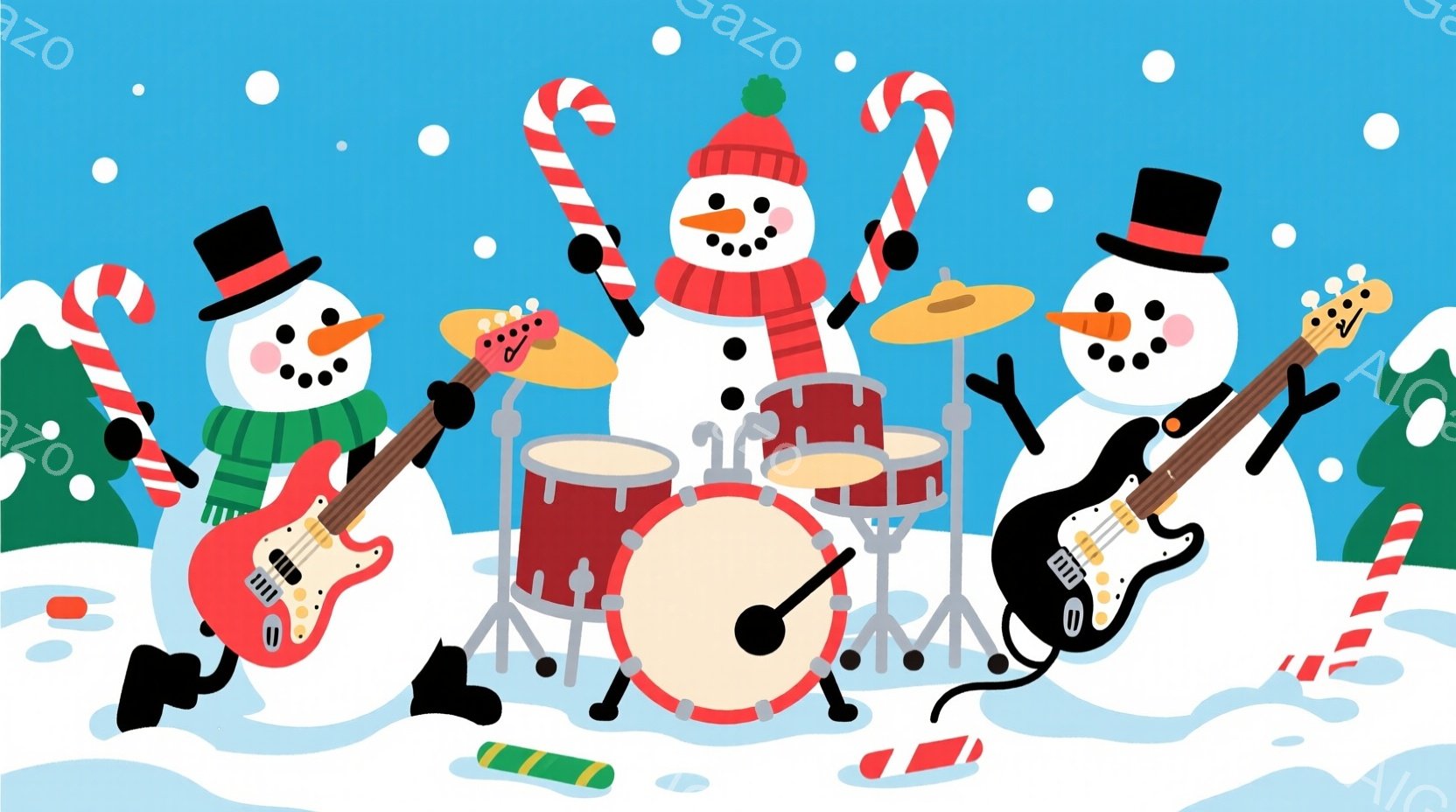 雪だるまのバンドが描かれています。左と右の雪だるまはギターを演奏し、中央の雪だるまはドラムを叩いており、それぞれ黒い帽子とカラフルなマフラーを身に着けています。背景は雪景色で、キャンディケーンや雪の結晶が散りばめられ、全体的に陽気で楽しい雰囲気が漂っています。