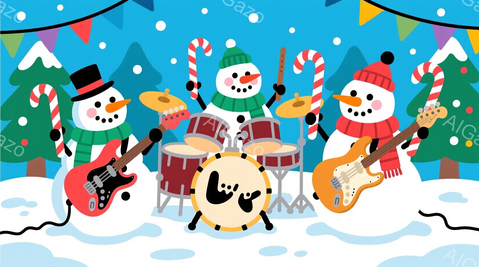 雪だるまのバンドが描かれています。左と右の雪だるまはギターを演奏し、中央の雪だるまはドラムを叩いています。背景には、雪景色とカラフルな旗、そして松の木が描かれており、陽気で楽しいクリスマスの雰囲気が漂っています。
