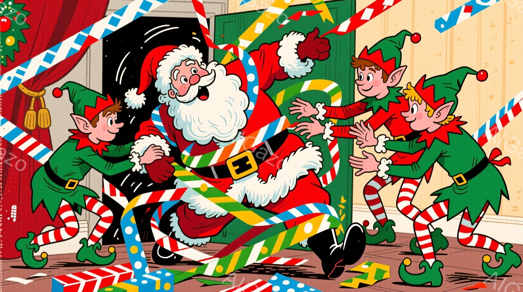 サンタクロースは赤い衣装に白いひげを蓄え、楽しそうな笑顔を浮かべています。周りには緑色の衣装を着たエルフたちがいて、サンタクロースにカラフルなリボンを巻き付けて遊んでいます。背景にはカラフルなリボンが - AI生成フリー素材